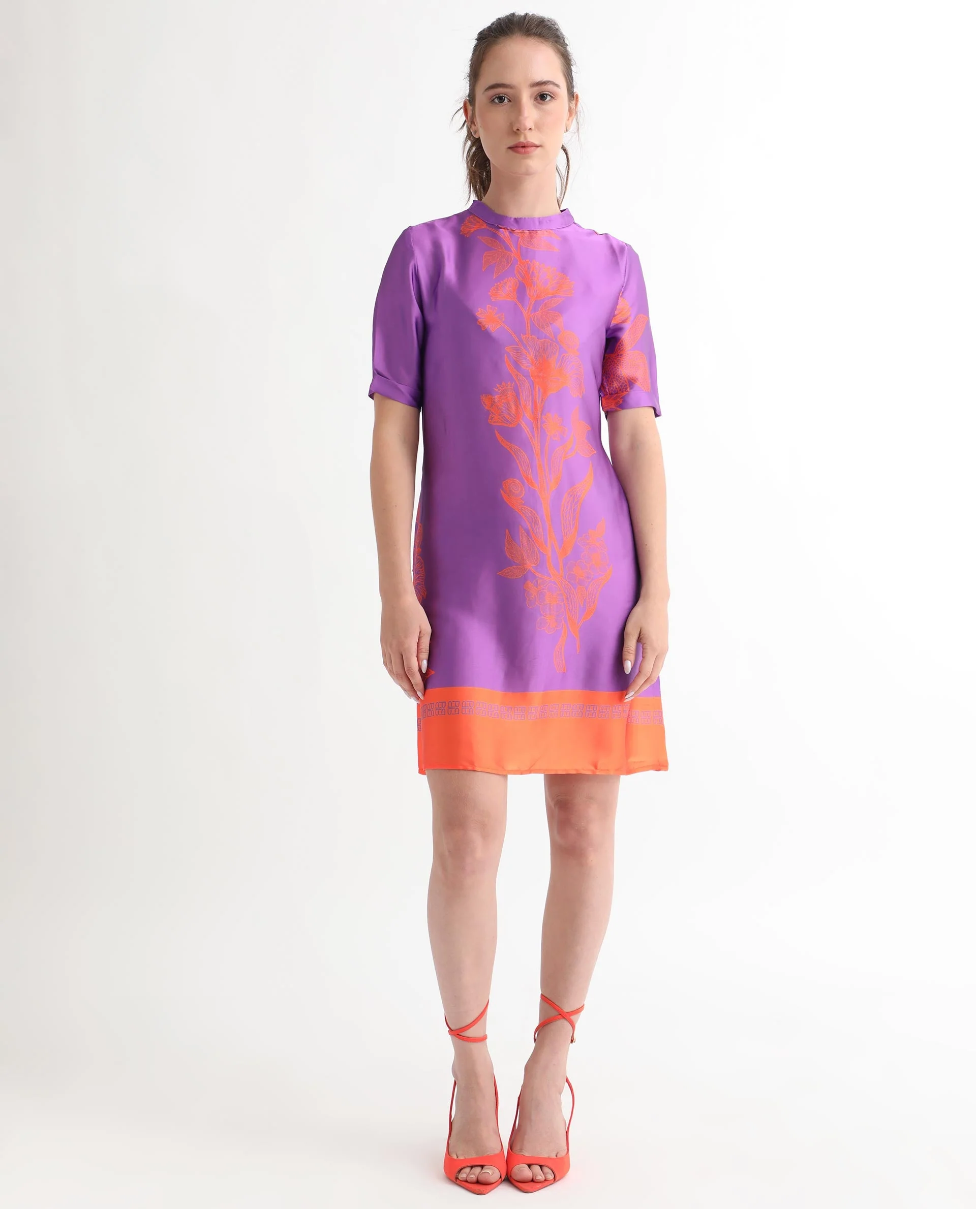 Rareism Women's Walker Purple Polyester High Neck Floral Print Mini Regular Fit Dress - Image 7