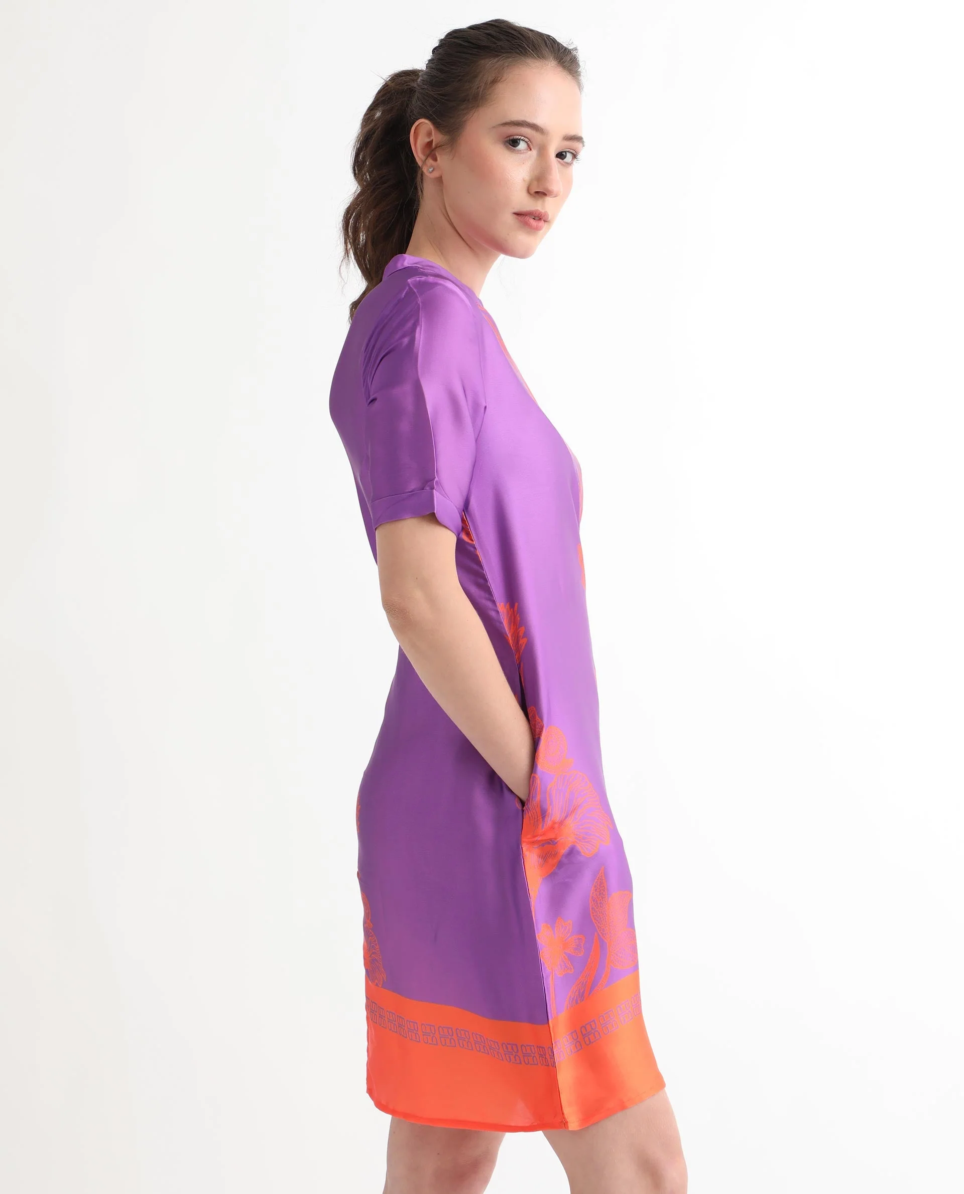 Rareism Women's Walker Purple Polyester High Neck Floral Print Mini Regular Fit Dress - Image 8