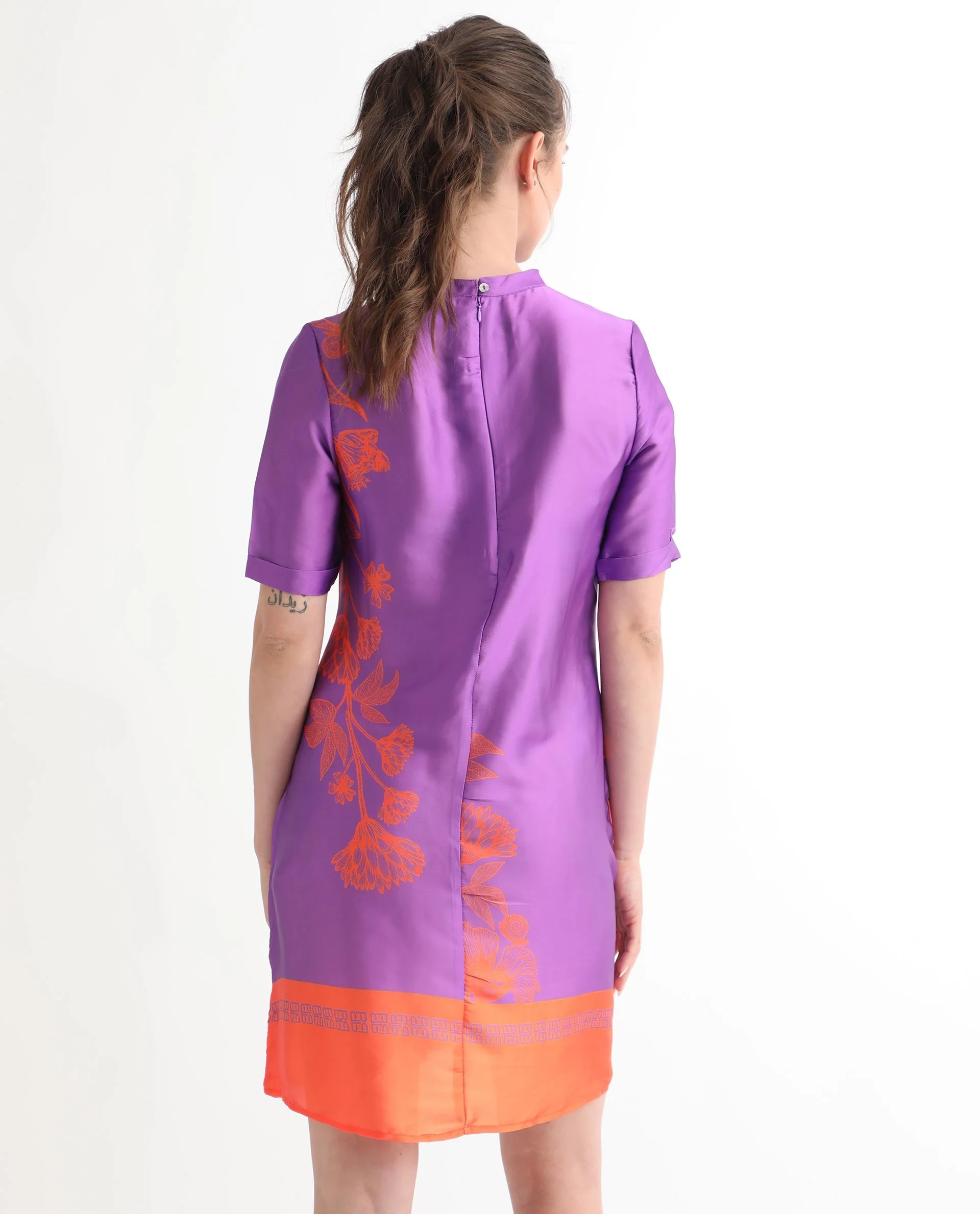 Rareism Women's Walker Purple Polyester High Neck Floral Print Mini Regular Fit Dress - Image 9