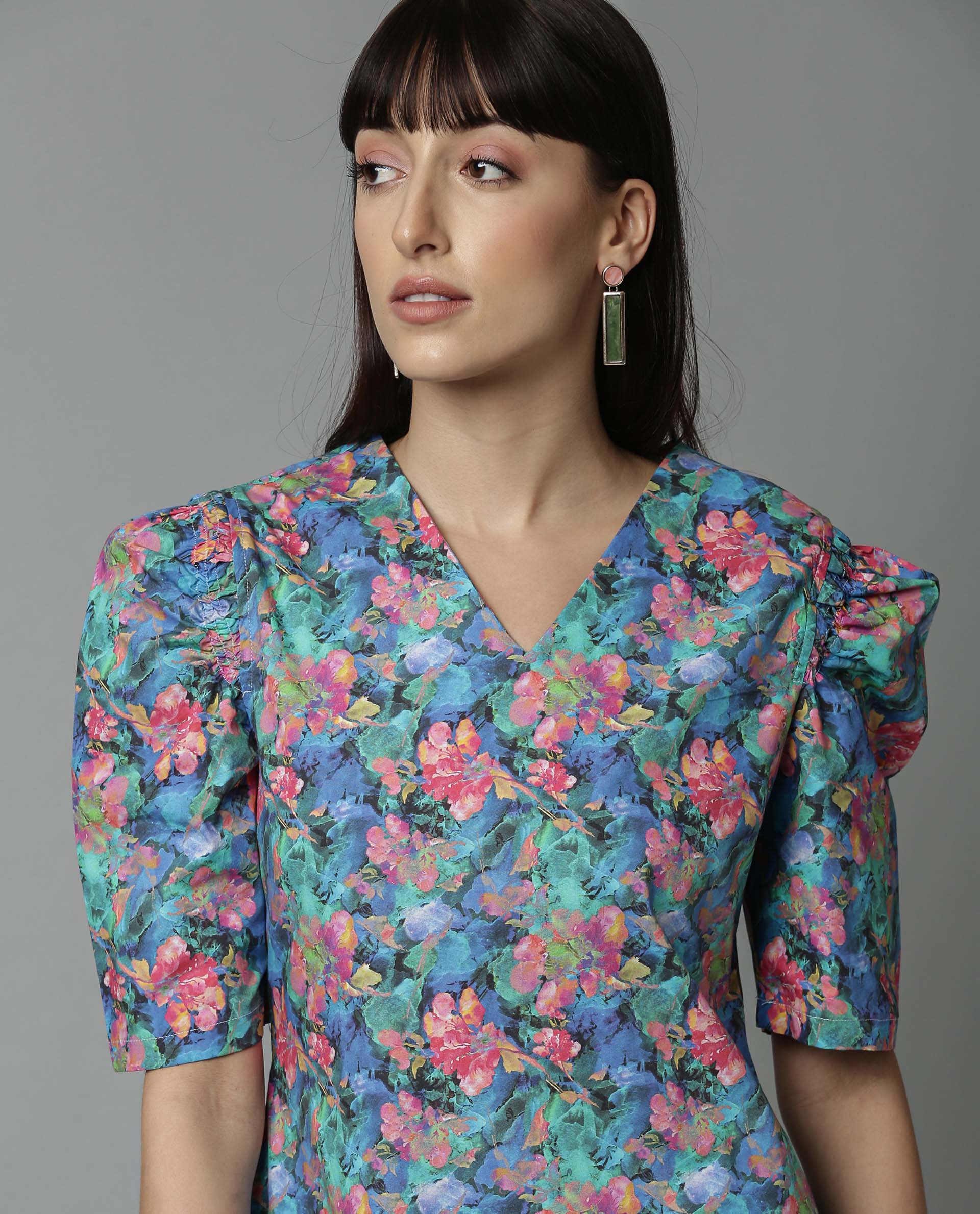 Rareism Women Wallie Blue Dress Short Sleeves Printed