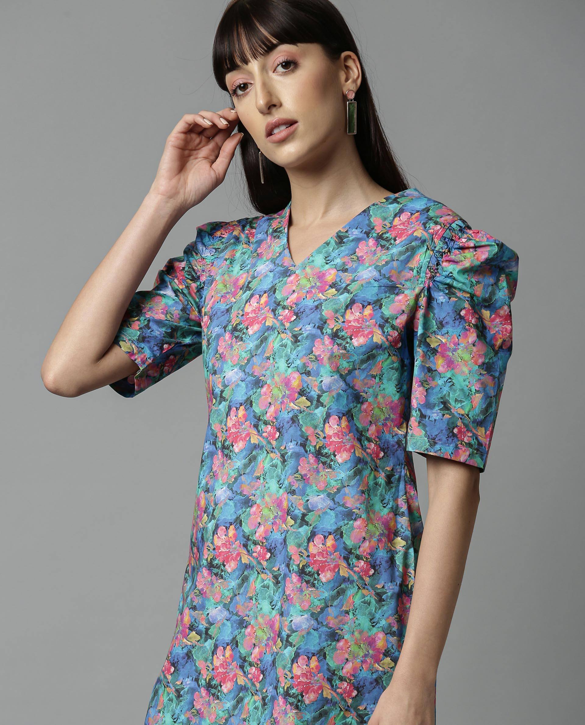 Rareism Women Wallie Blue Dress Short Sleeves Printed - Image 2