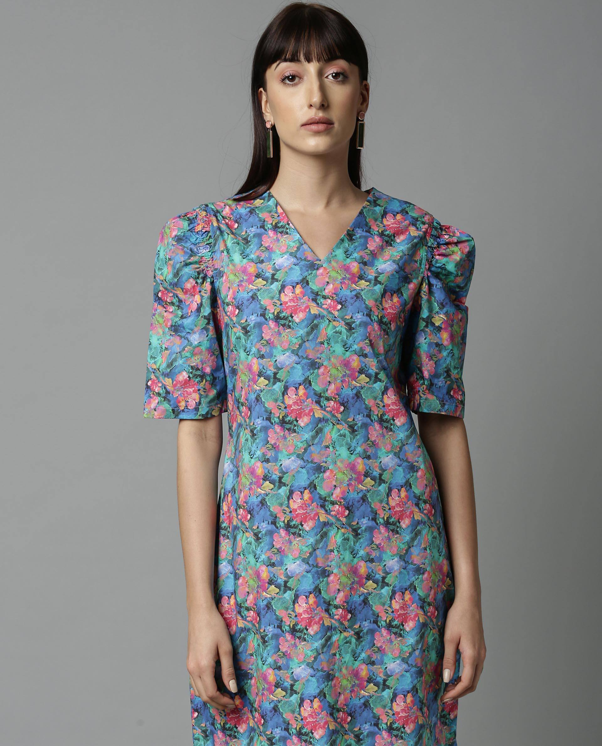 Rareism Women Wallie Blue Dress Short Sleeves Printed - Image 3