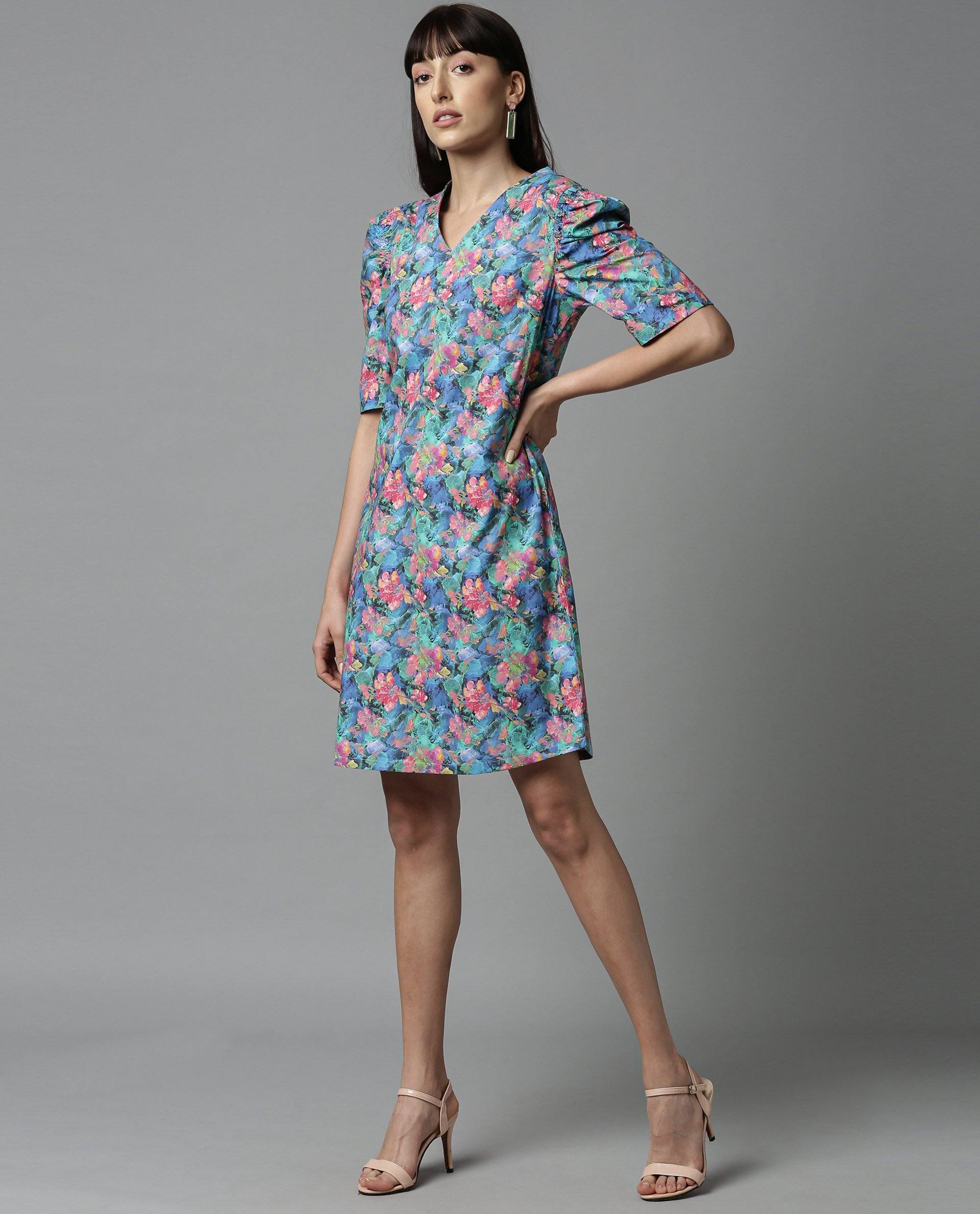 Rareism Women Wallie Blue Dress Short Sleeves Printed - Image 4