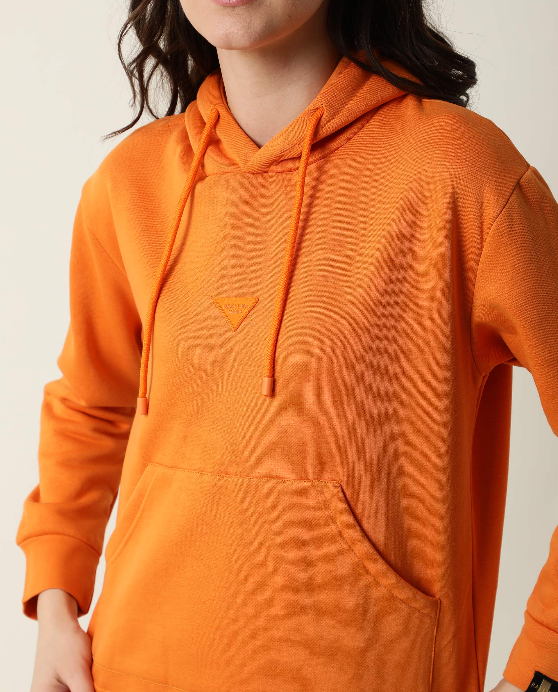 Rareism Women's Wally-1 Orange Cotton Blend Hooded Plain Relaxed Fit Sweatshirt - Image 2
