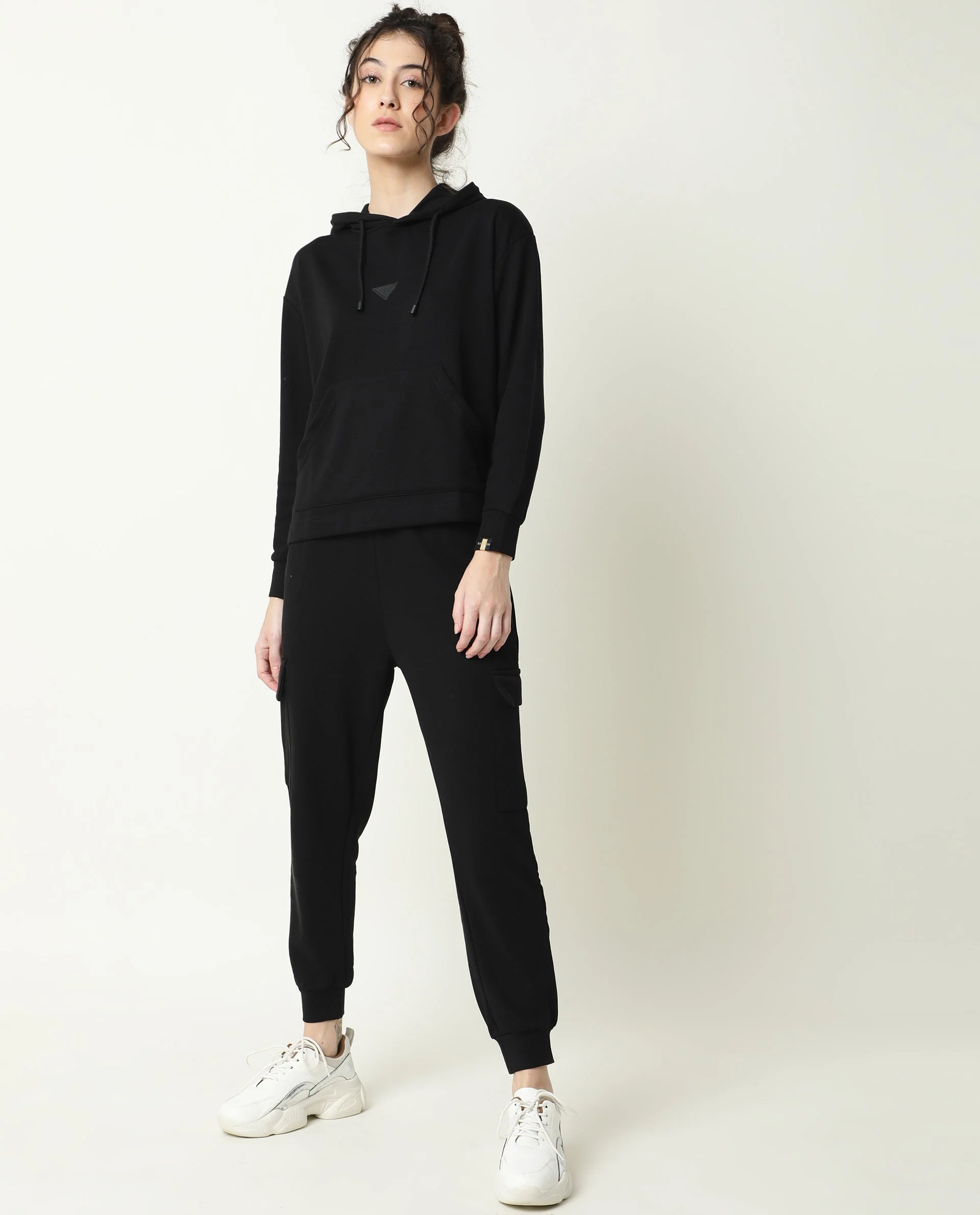 Rareism Women's Wally-1 Black Cotton Blend Hooded Plain Relaxed Fit Sweatshirt - Image 11