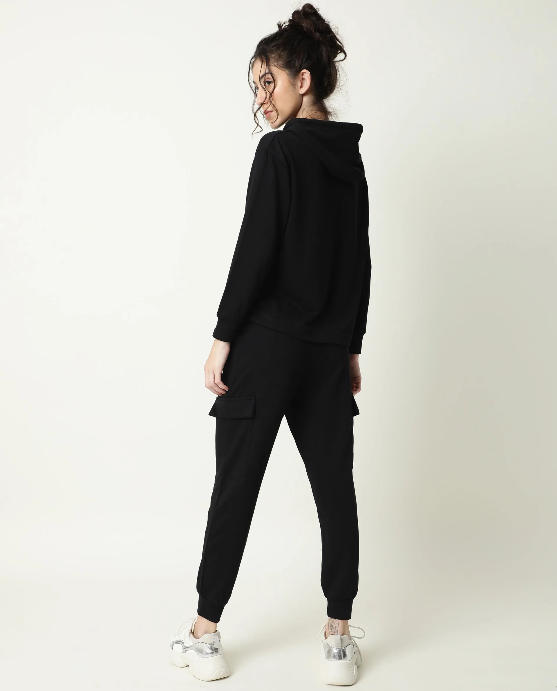 Rareism Women's Wally-1 Black Cotton Blend Hooded Plain Relaxed Fit Sweatshirt - Image 2