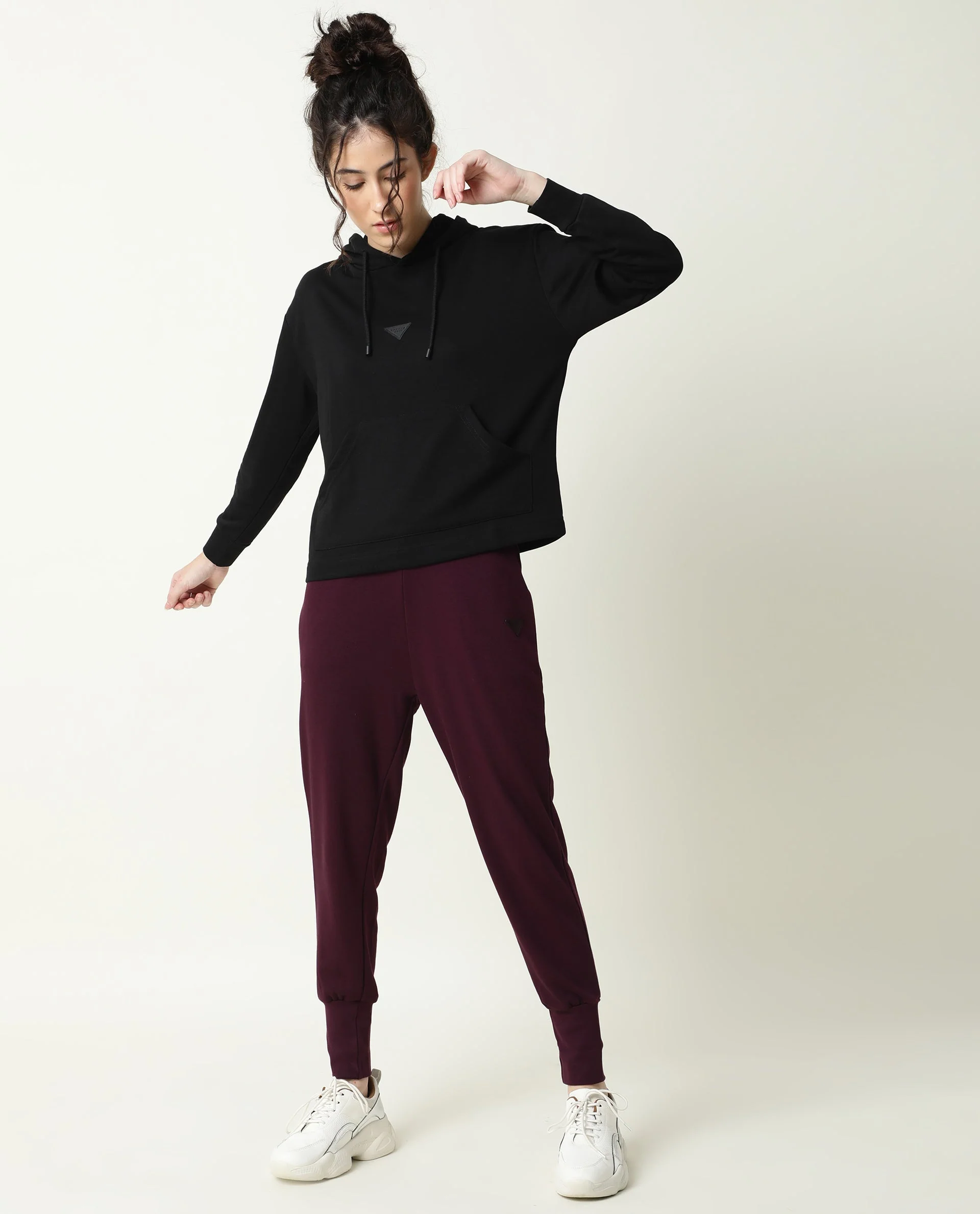 Rareism Women's Wally-1 Black Cotton Blend Hooded Plain Relaxed Fit Sweatshirt - Image 3