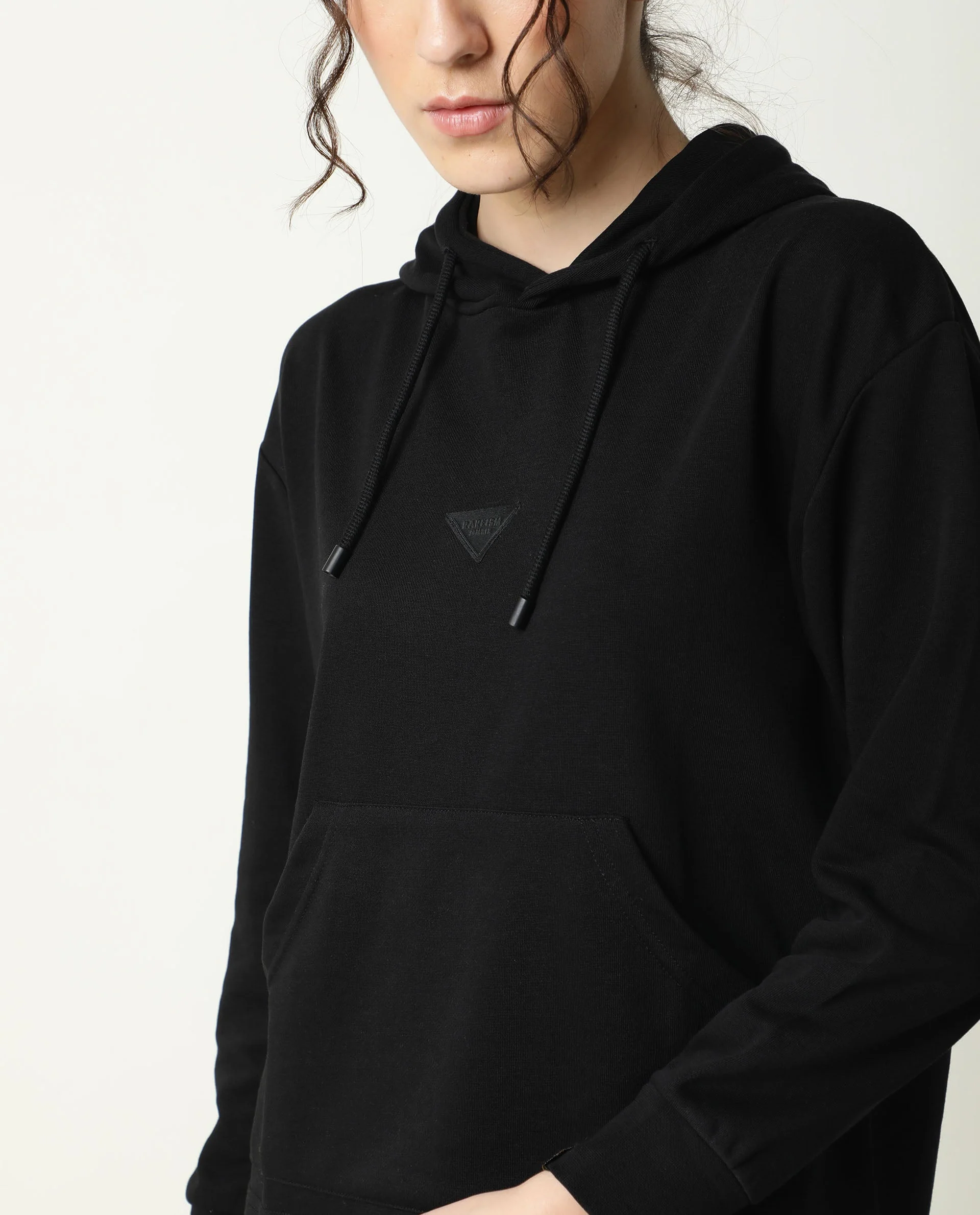 Rareism Women's Wally-1 Black Cotton Blend Hooded Plain Relaxed Fit Sweatshirt - Image 4