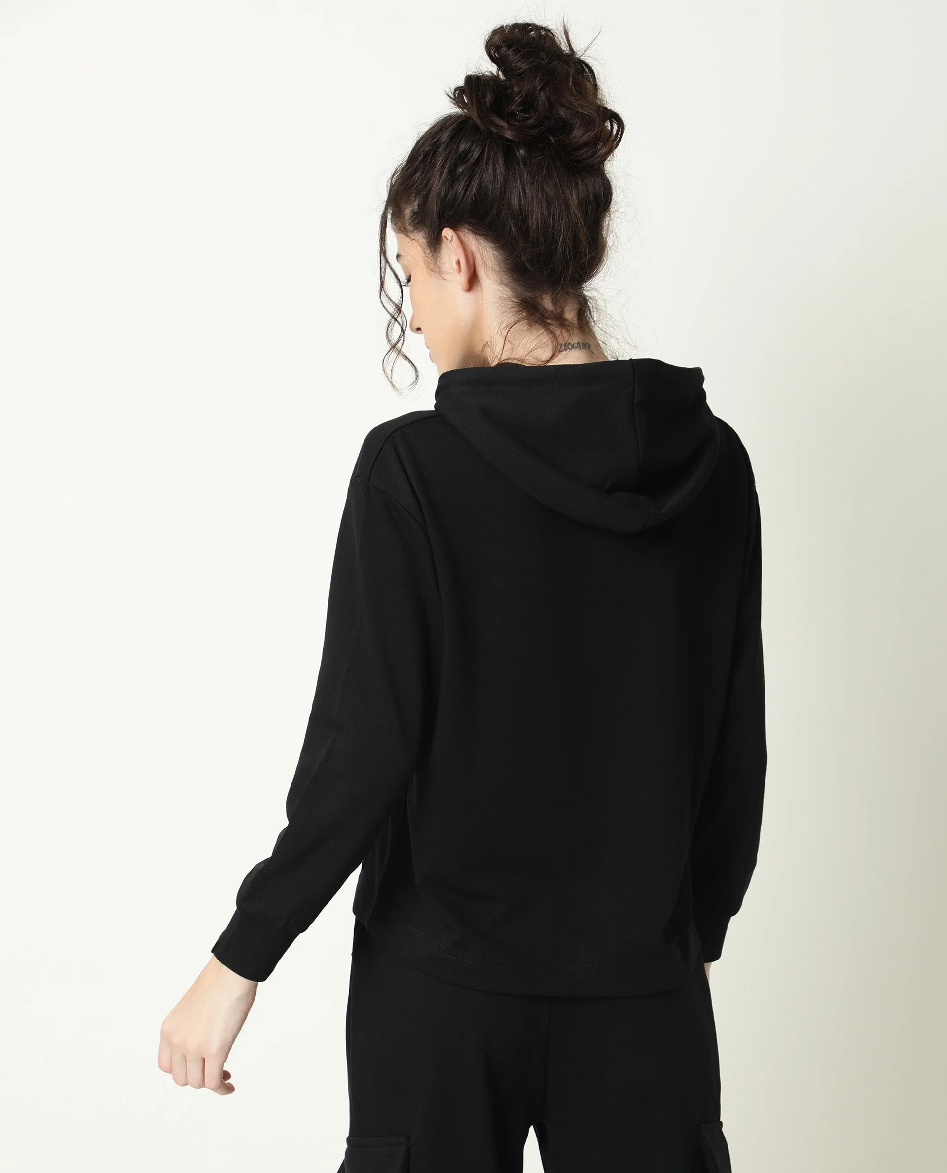 Rareism Women's Wally-1 Black Cotton Blend Hooded Plain Relaxed Fit Sweatshirt - Image 5
