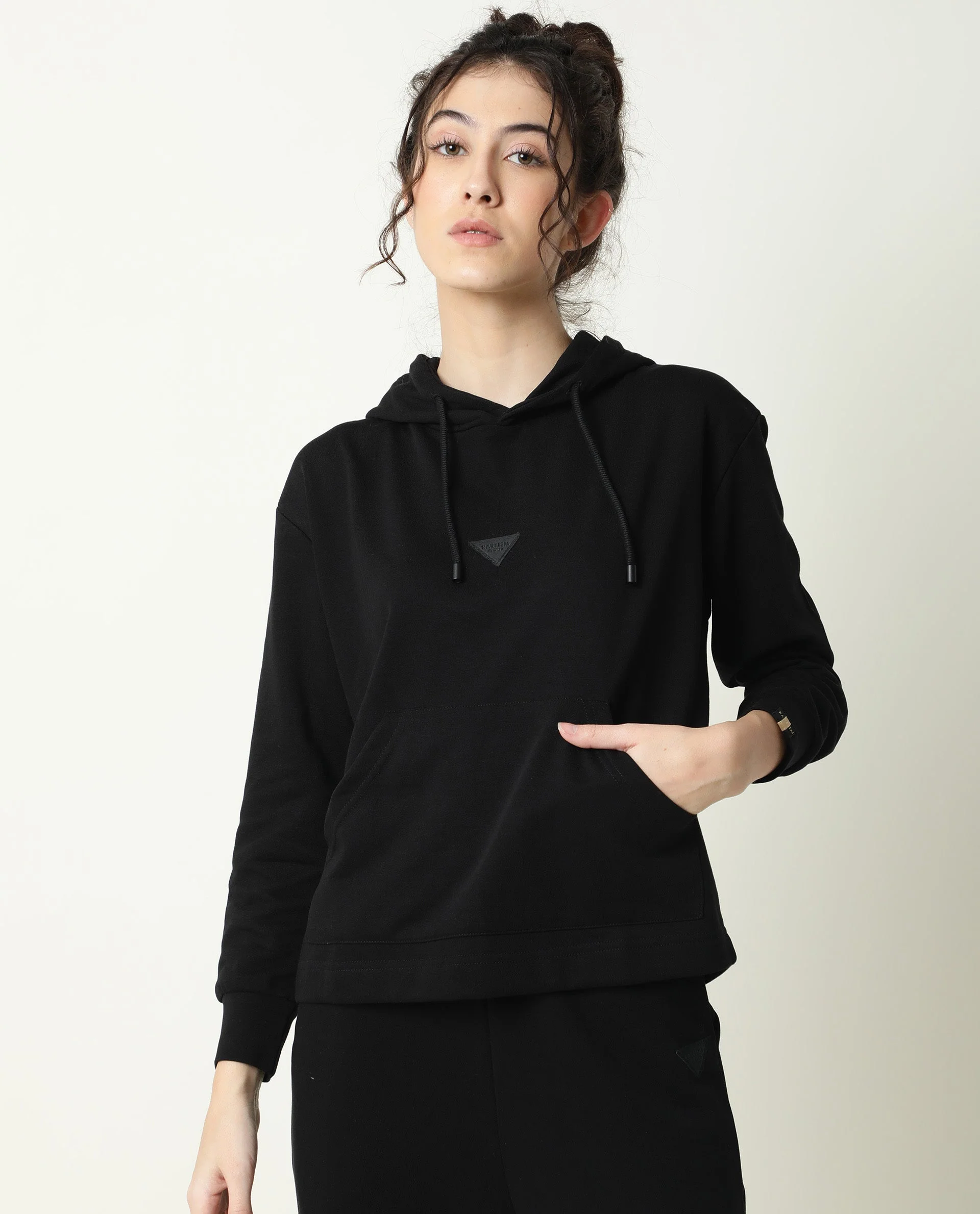 Rareism Women's Wally-1 Black Cotton Blend Hooded Plain Relaxed Fit Sweatshirt - Image 6