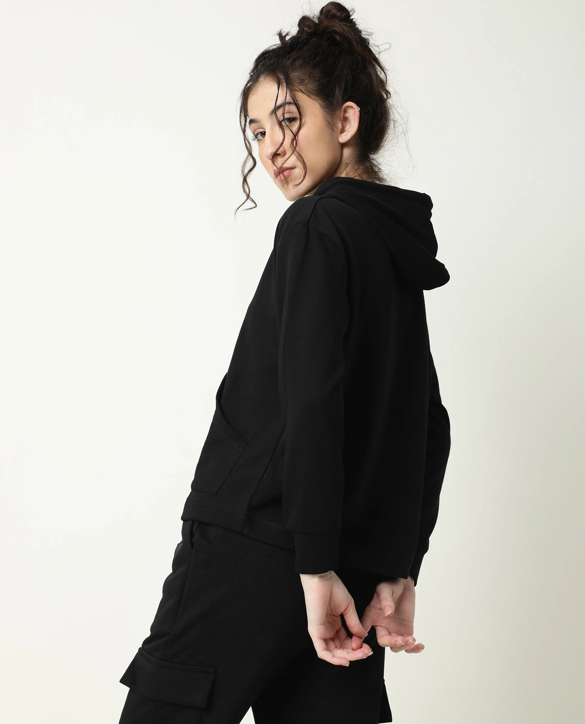 Rareism Women's Wally-1 Black Cotton Blend Hooded Plain Relaxed Fit Sweatshirt - Image 7