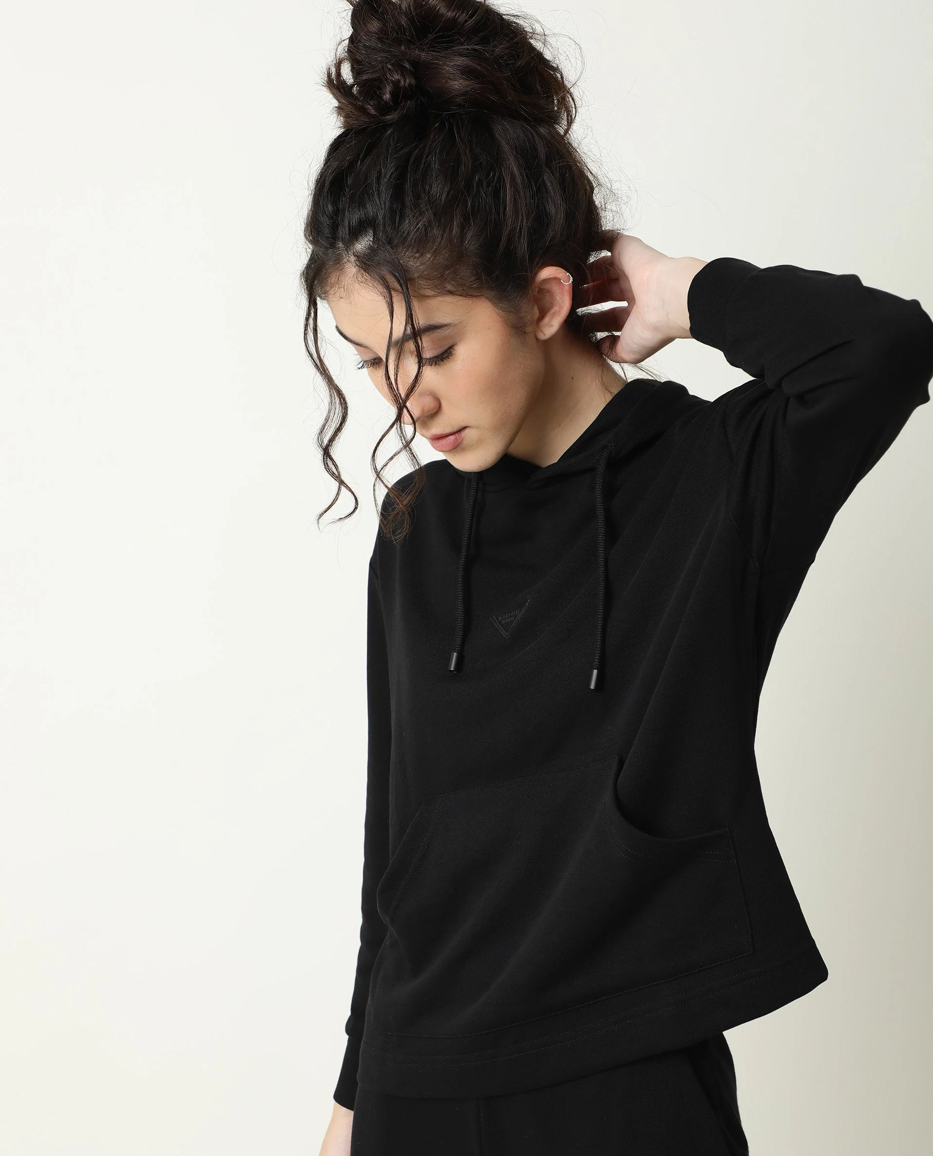 Rareism Women's Wally-1 Black Cotton Blend Hooded Plain Relaxed Fit Sweatshirt - Image 8