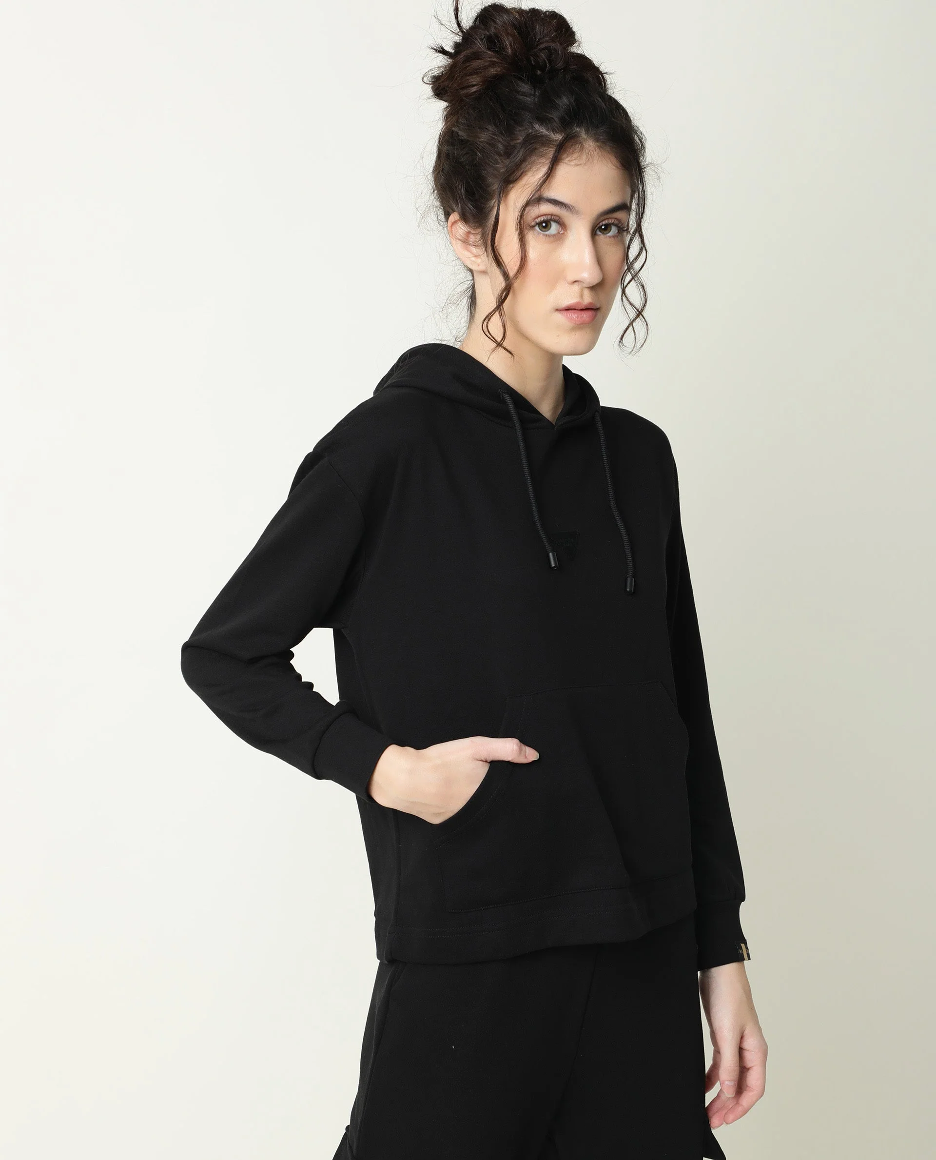 Rareism Women's Wally-1 Black Cotton Blend Hooded Plain Relaxed Fit Sweatshirt - Image 9