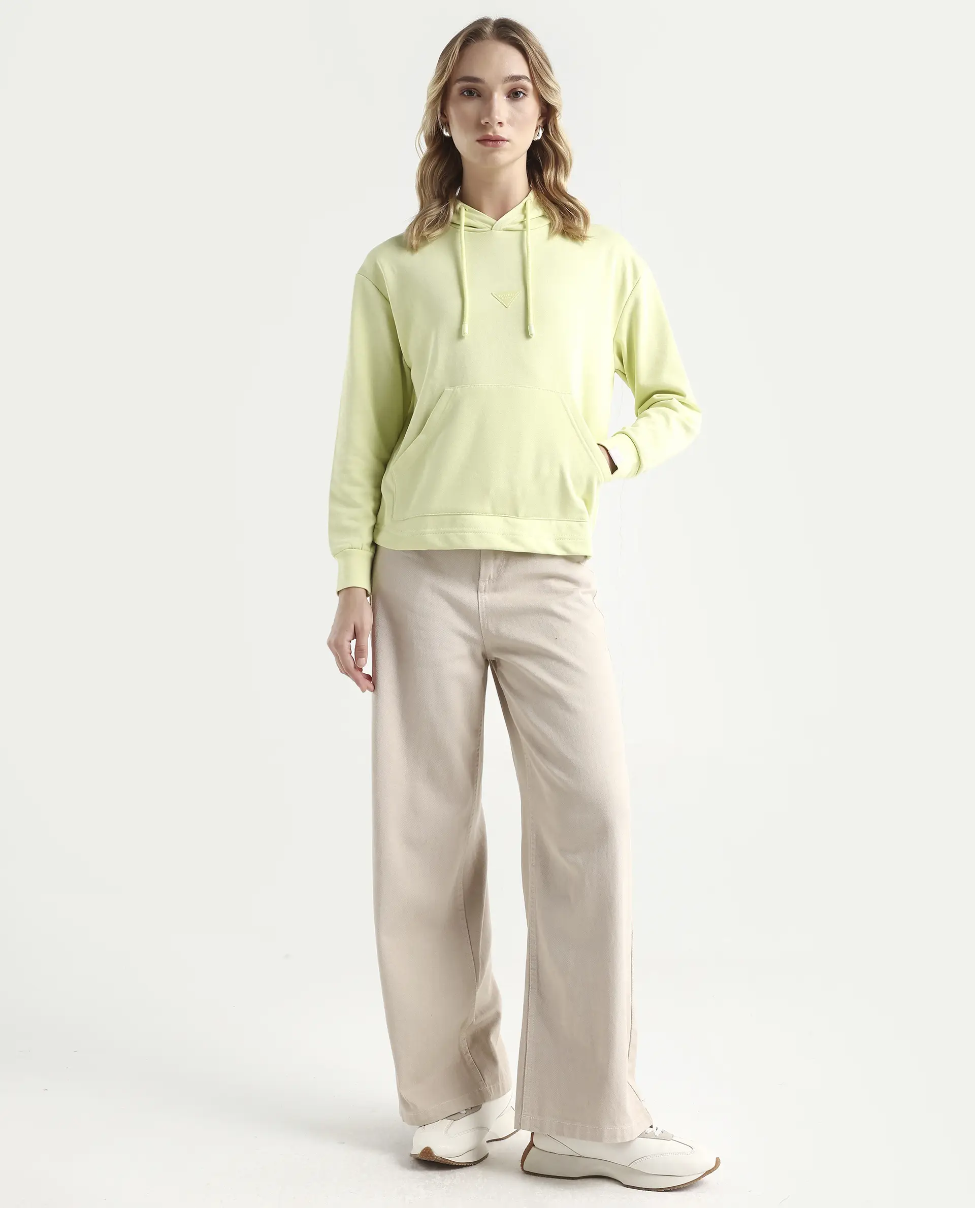 Rareism Women's Wally-1 Green Cotton Blend Hooded Plain Relaxed Fit Sweatshirt - Image 2