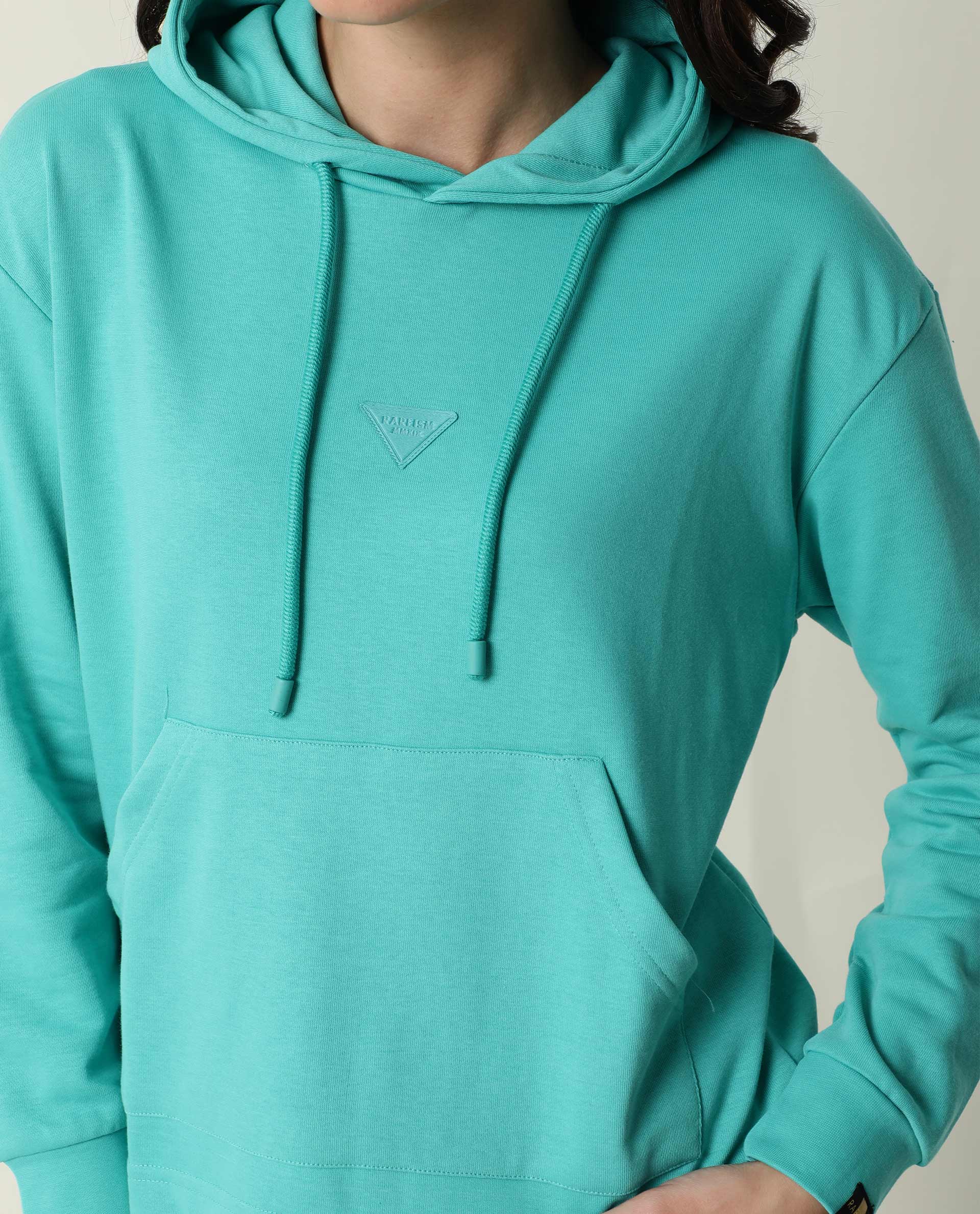 Rareism Women's Wally-1 Turq Cotton Blend Hooded Plain Relaxed Fit Sweatshirt - Image 4