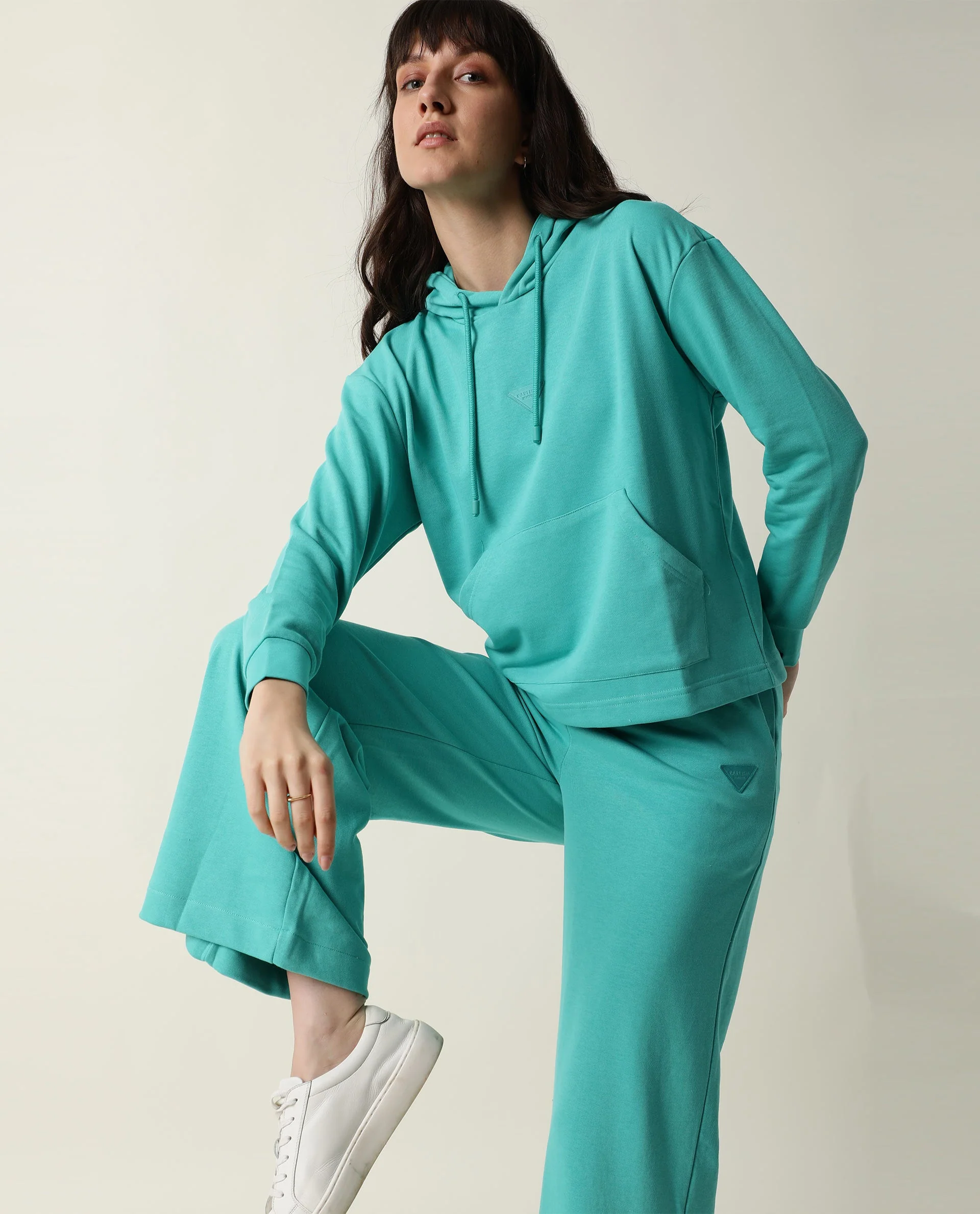 Rareism Women's Wally-1 Turq Cotton Blend Hooded Plain Relaxed Fit Sweatshirt - Image 5