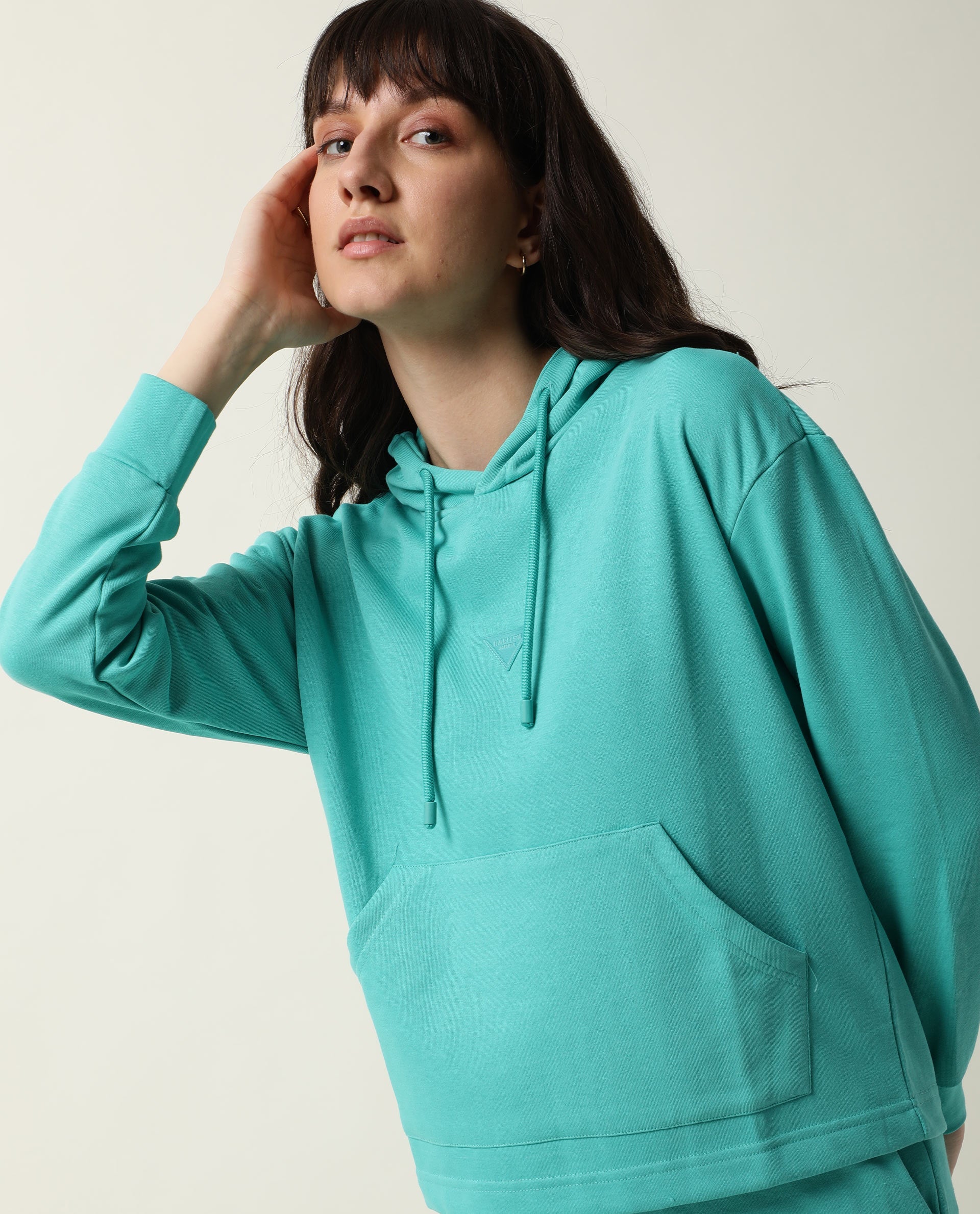 Rareism Women's Wally-1 Turq Cotton Blend Hooded Plain Relaxed Fit Sweatshirt - Image 7
