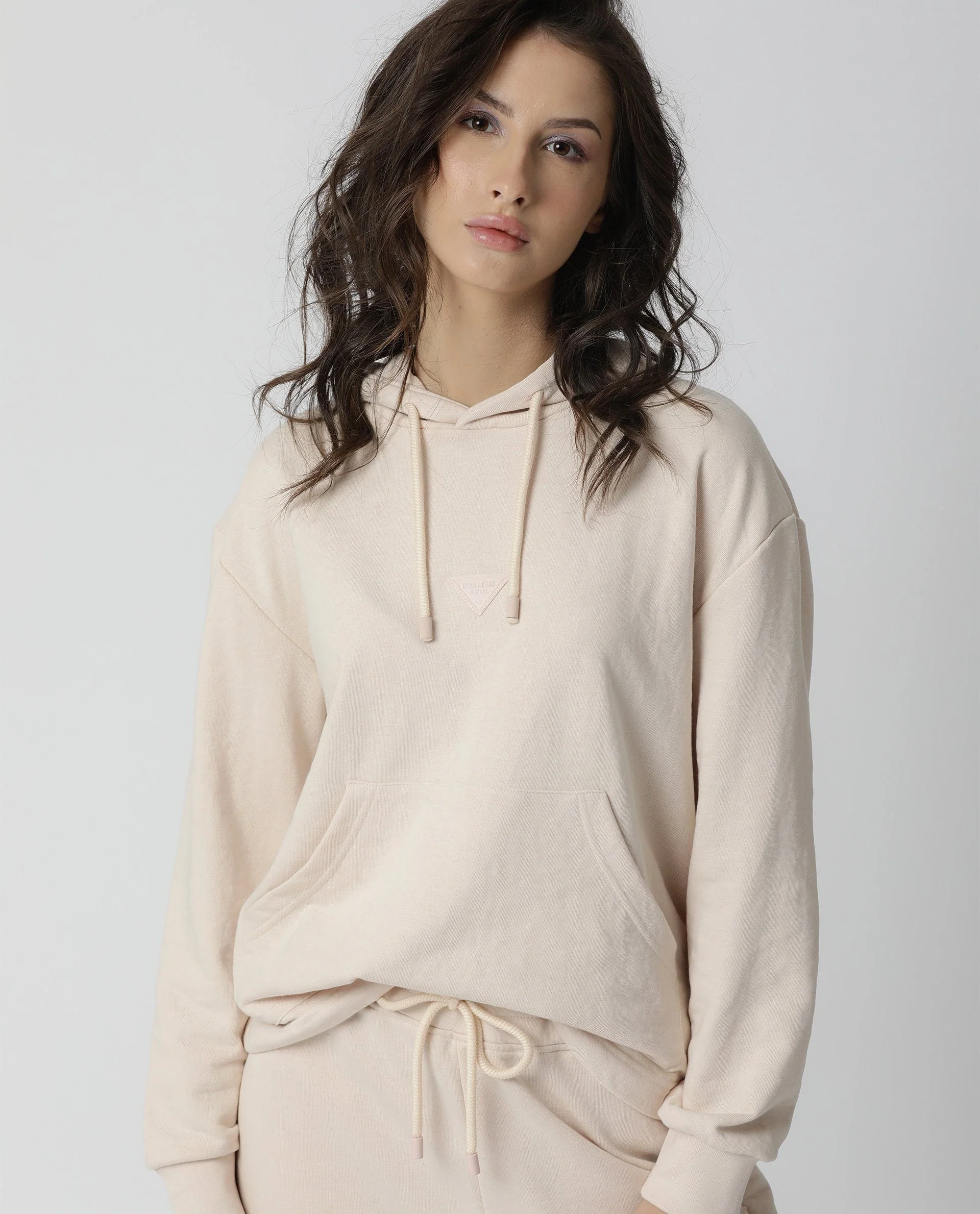 Rareism Women's Wally Beige Polyester Blend Hooded Plain Cuffed Sleeve Relaxed Fit Sweatshirt
