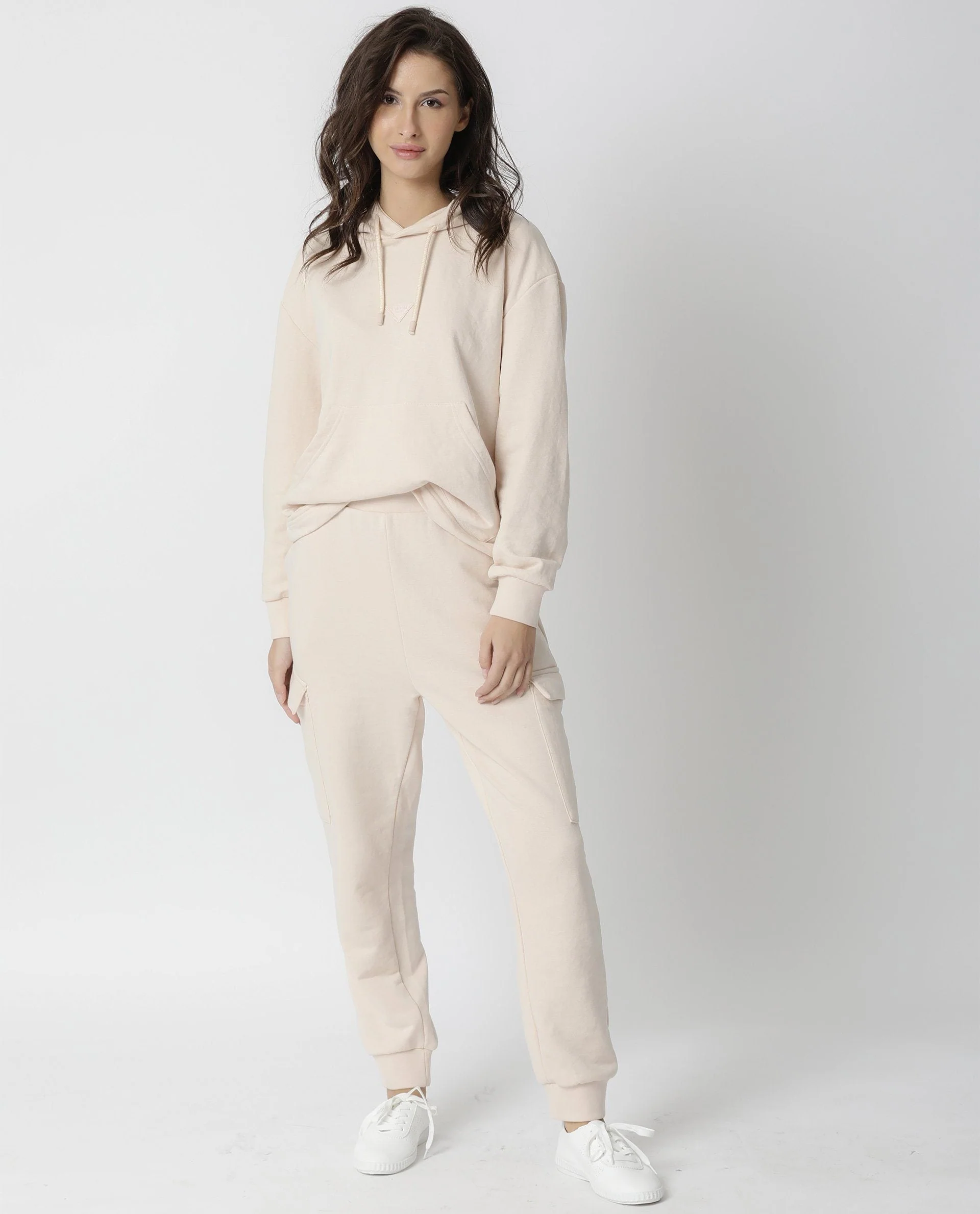 Rareism Women's Wally Beige Polyester Blend Hooded Plain Cuffed Sleeve Relaxed Fit Sweatshirt - Image 2
