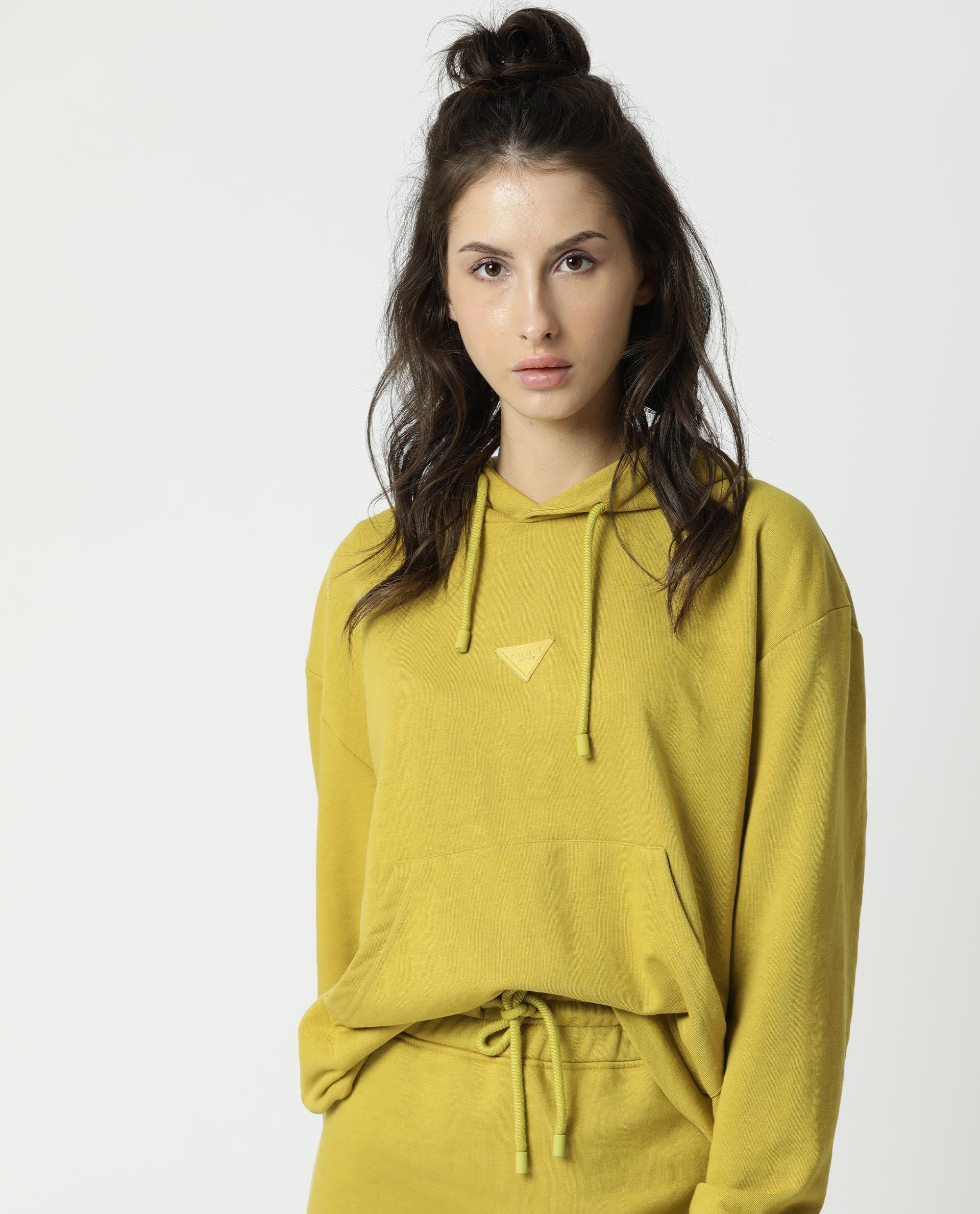 Rareism Women's Wally Yellow Cotton Blend Hooded Plain Relaxed Fit Sweatshirt