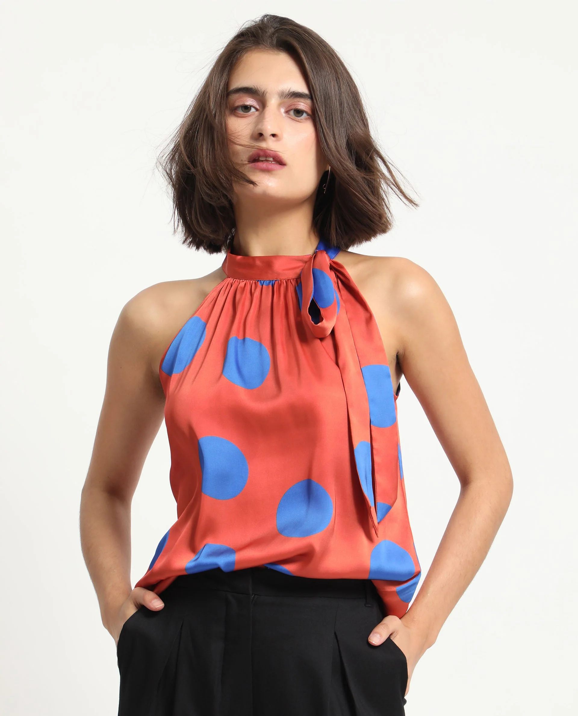 Rareism Women's Walra Dark Orange Polyester Halter Neck Polka Print Sleeveless Regular Fit Top
