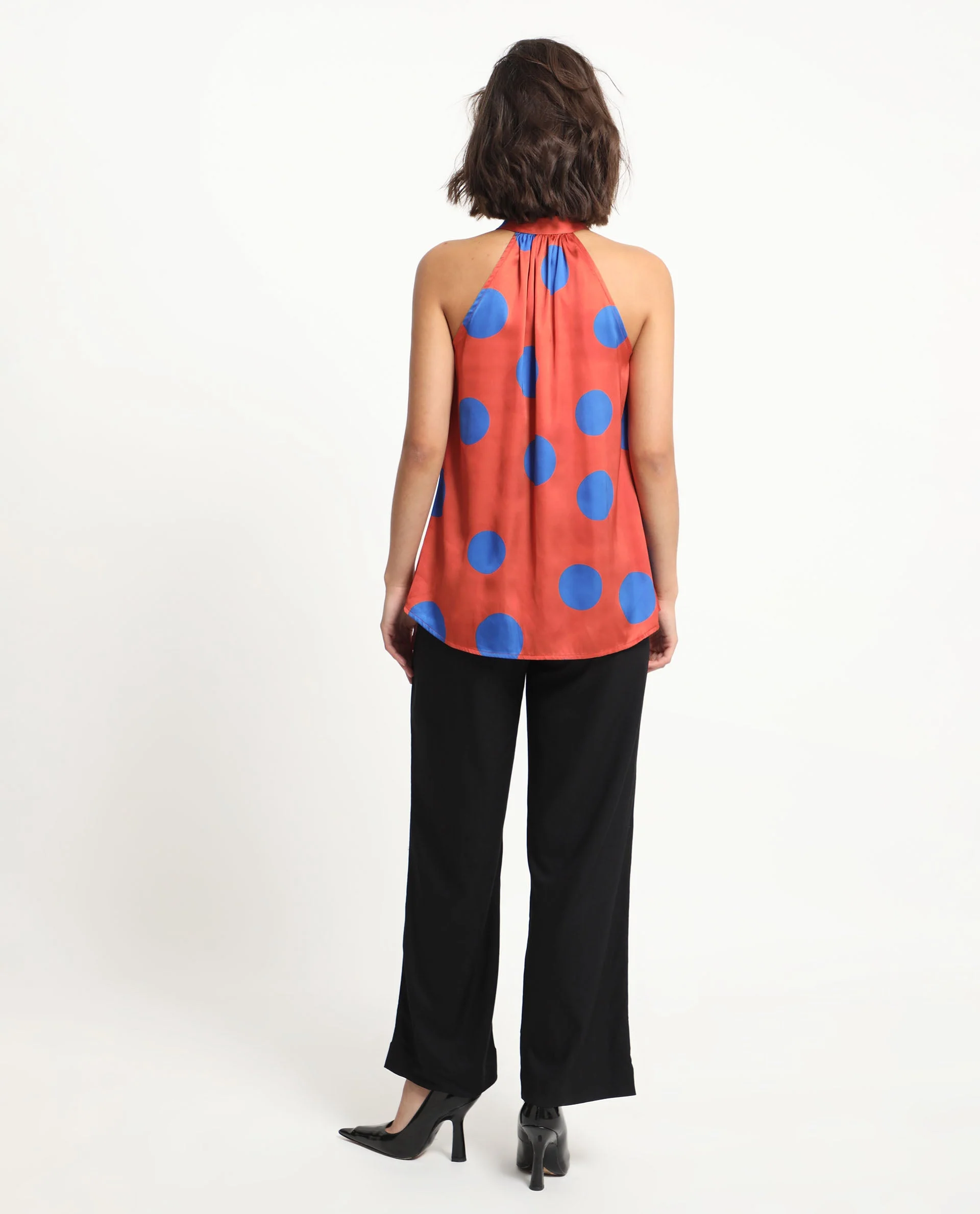 Rareism Women's Walra Dark Orange Polyester Halter Neck Polka Print Sleeveless Regular Fit Top - Image 10