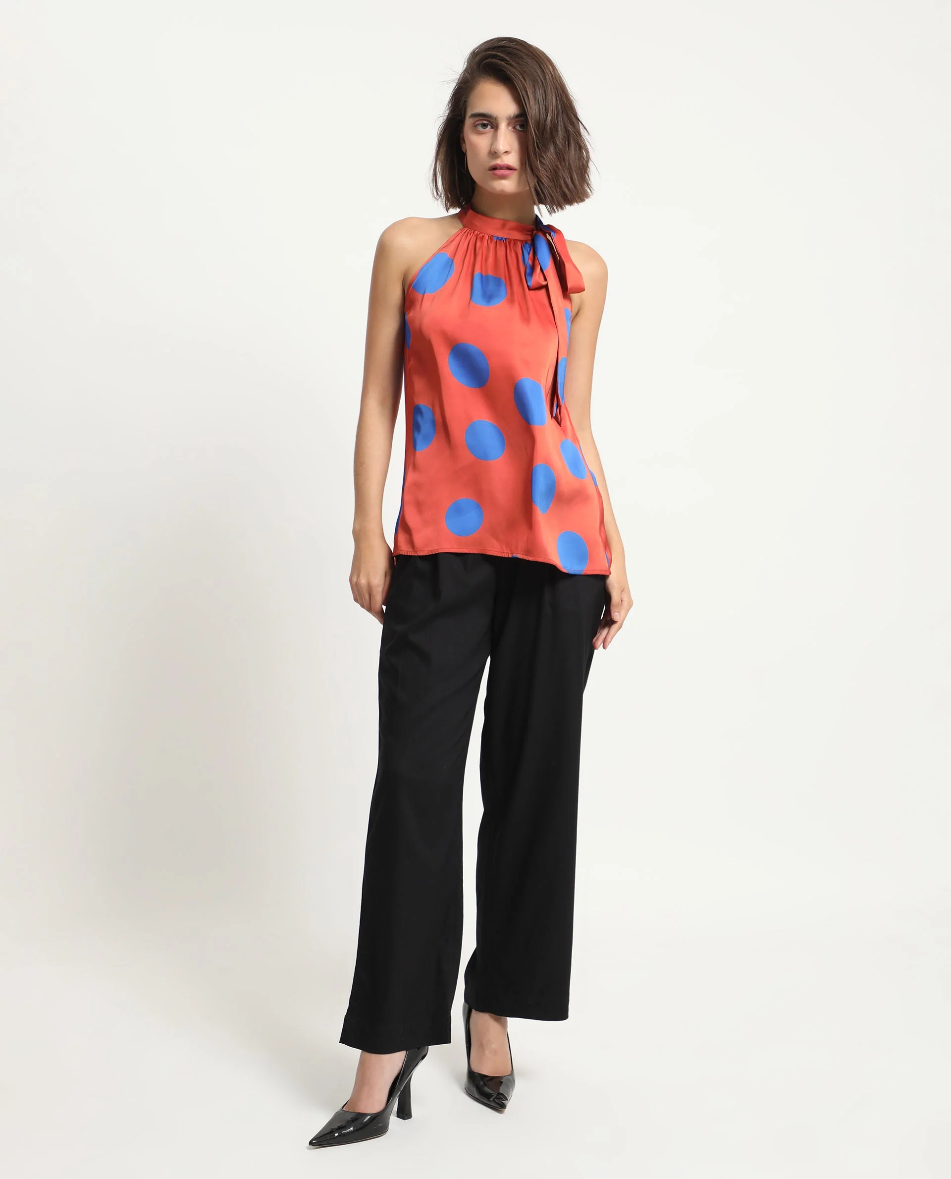 Rareism Women's Walra Dark Orange Polyester Halter Neck Polka Print Sleeveless Regular Fit Top - Image 3