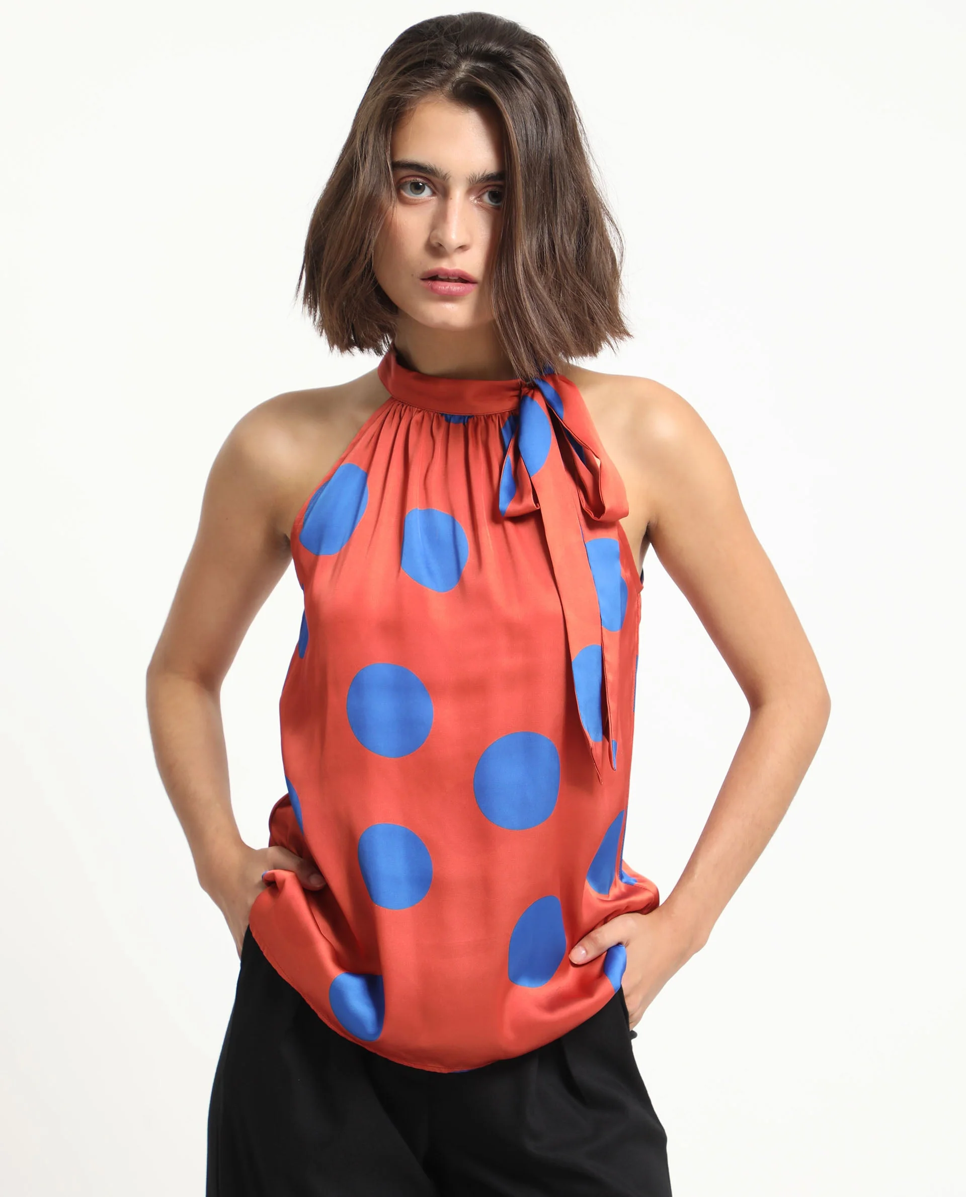 Rareism Women's Walra Dark Orange Polyester Halter Neck Polka Print Sleeveless Regular Fit Top - Image 4