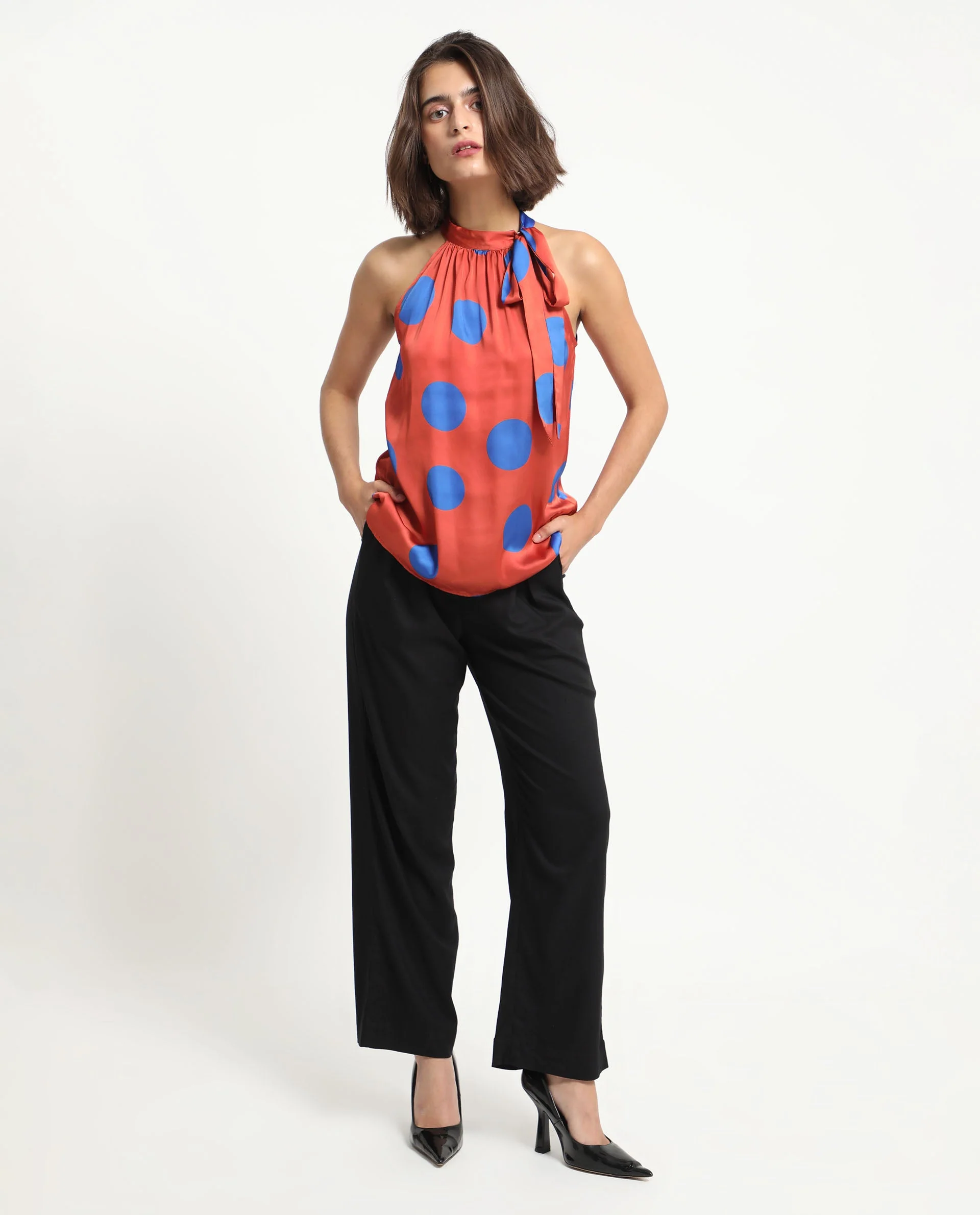 Rareism Women's Walra Dark Orange Polyester Halter Neck Polka Print Sleeveless Regular Fit Top - Image 5