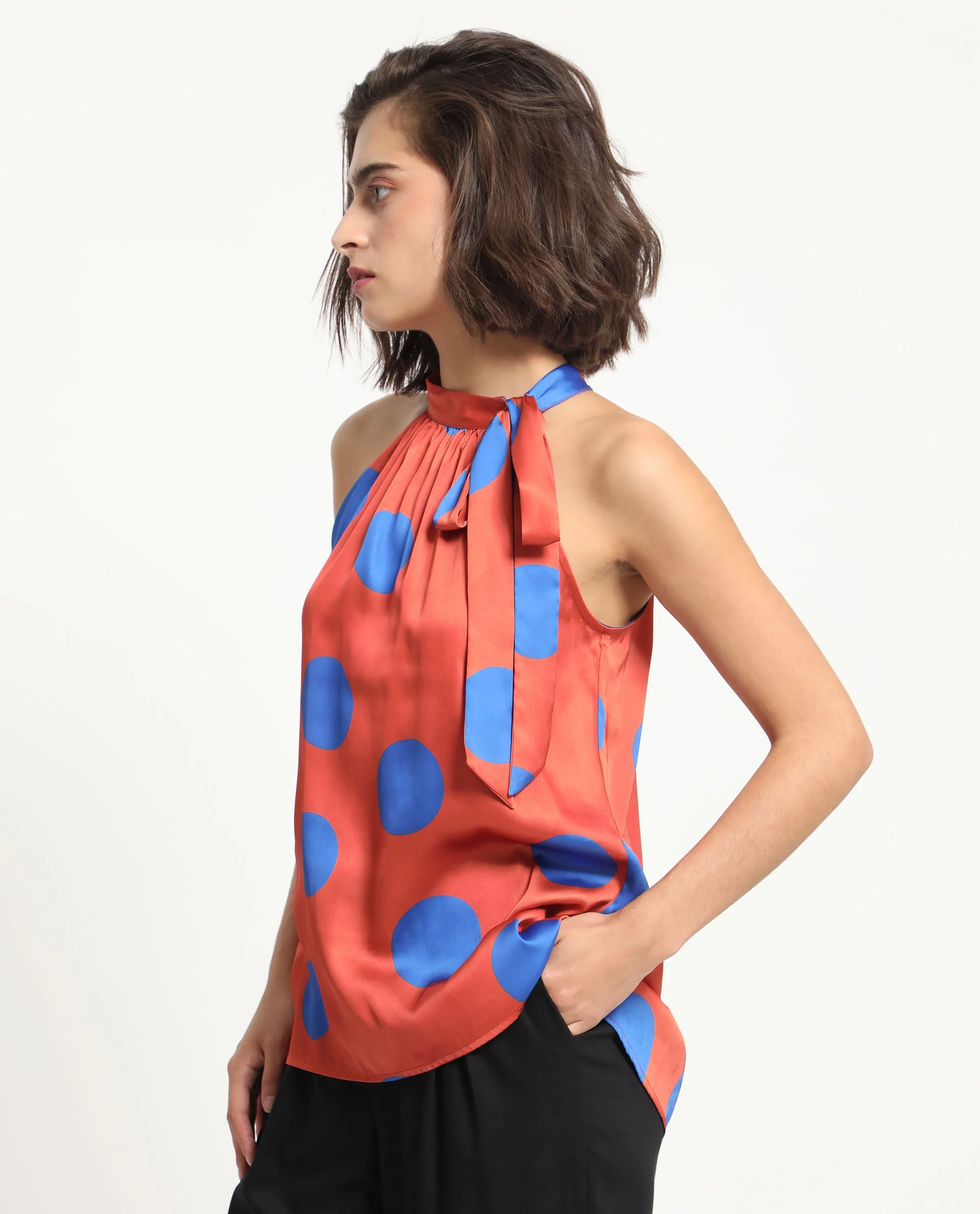 Rareism Women's Walra Dark Orange Polyester Halter Neck Polka Print Sleeveless Regular Fit Top - Image 7