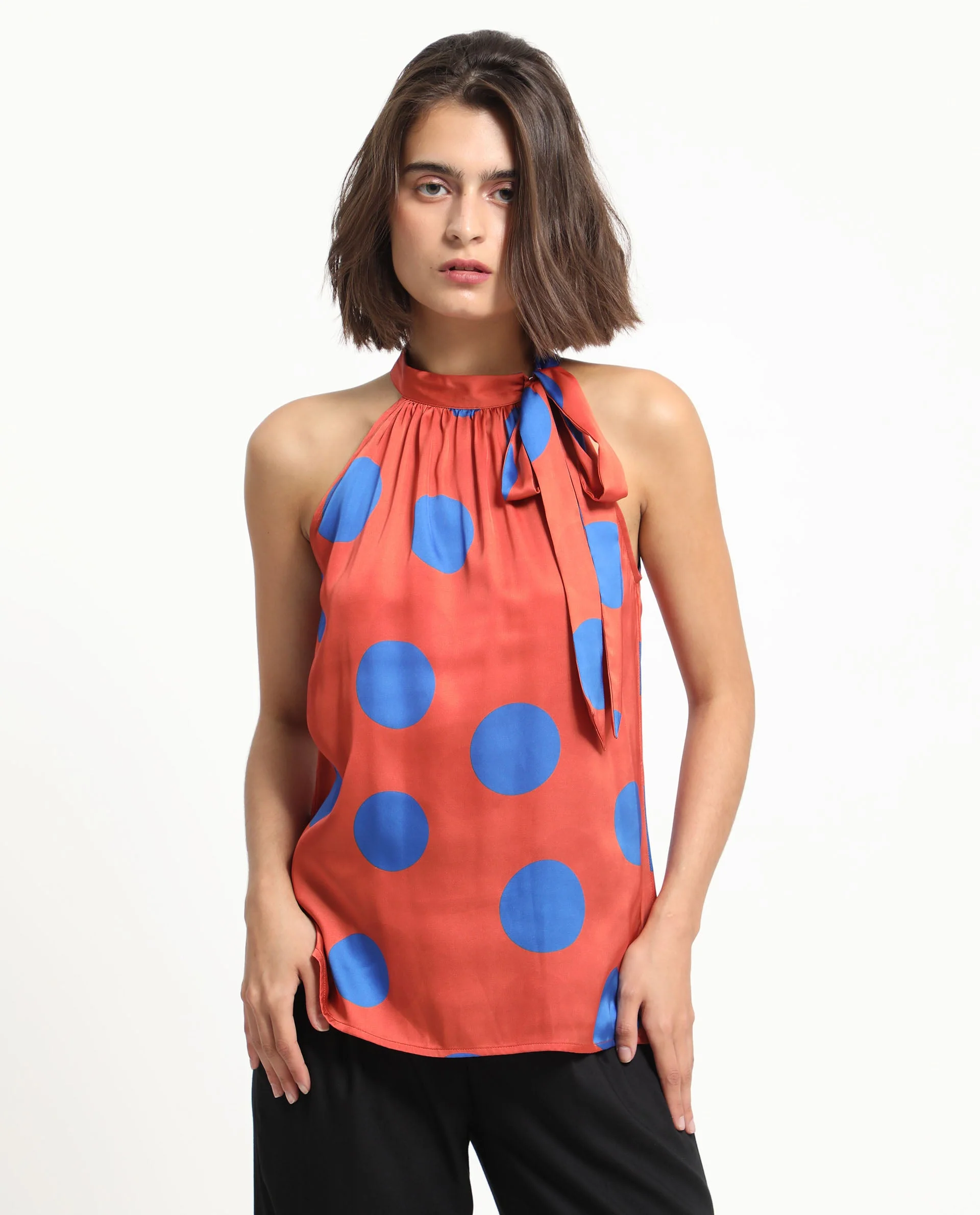 Rareism Women's Walra Dark Orange Polyester Halter Neck Polka Print Sleeveless Regular Fit Top - Image 8