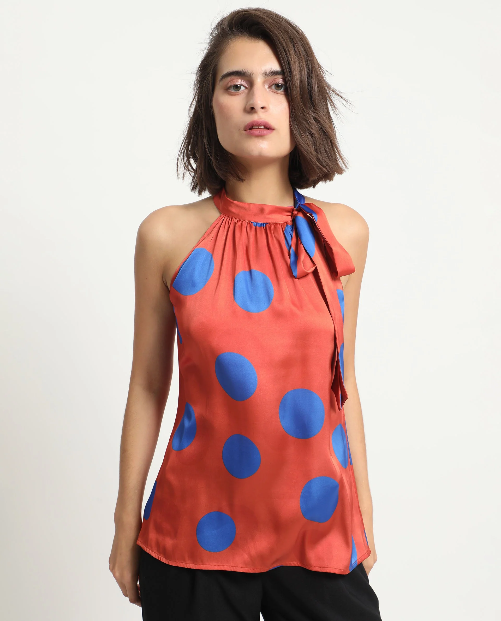Rareism Women's Walra Dark Orange Polyester Halter Neck Polka Print Sleeveless Regular Fit Top - Image 9