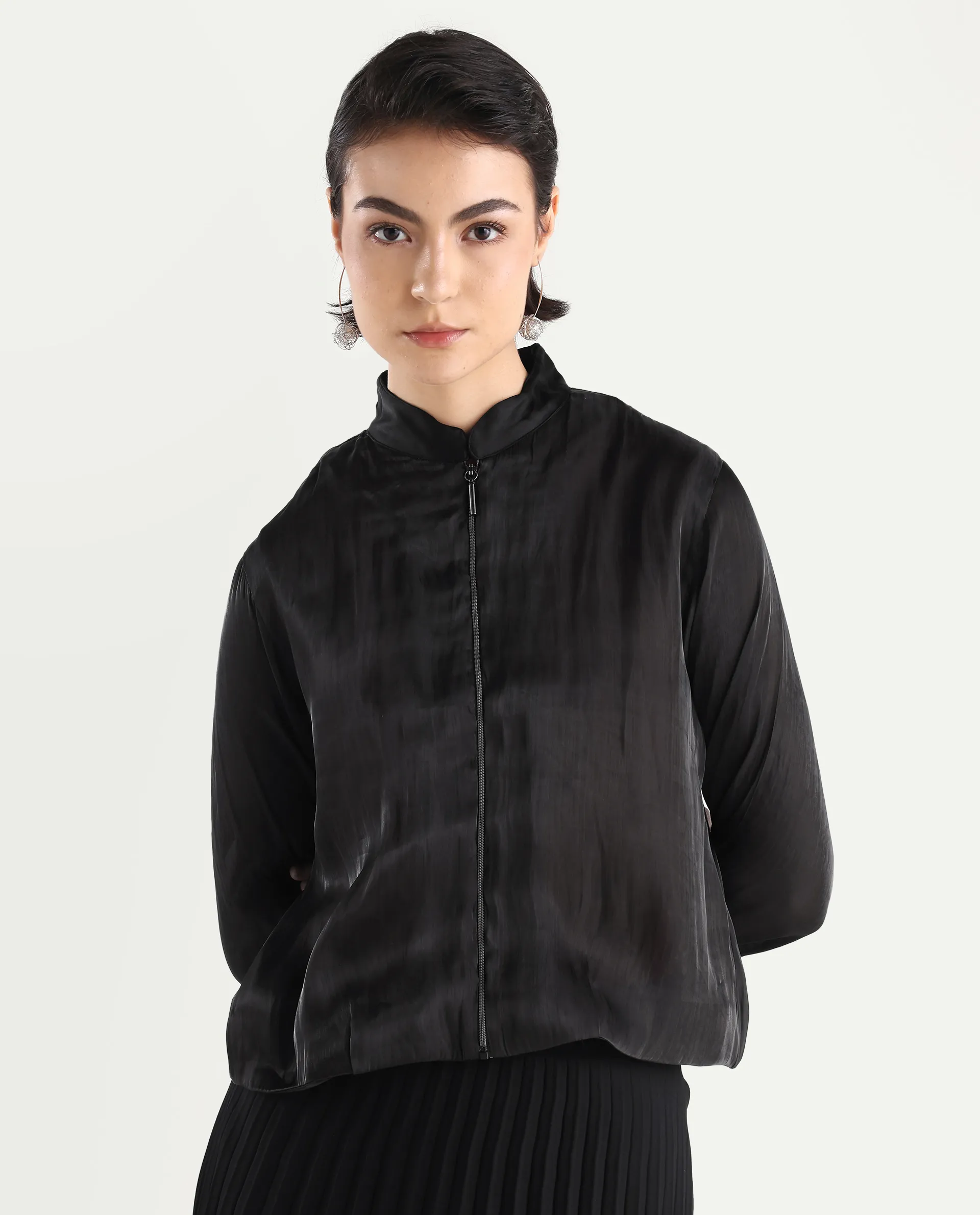 Rareism Women's Wals Black Mandarin Collar Plain Cuffed Sleeve Regular Fit Jacket - Image 3