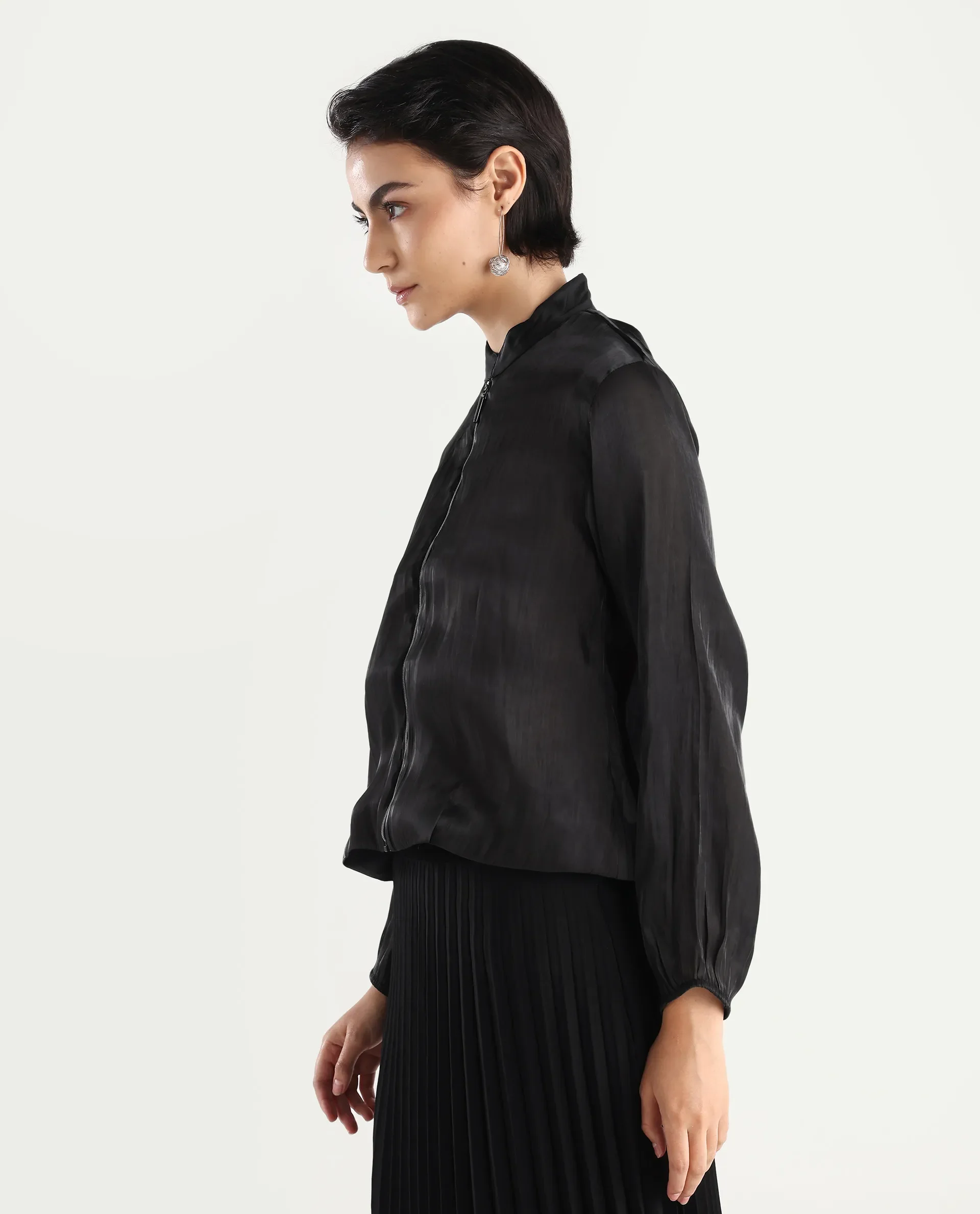 Rareism Women's Wals Black Mandarin Collar Plain Cuffed Sleeve Regular Fit Jacket - Image 6