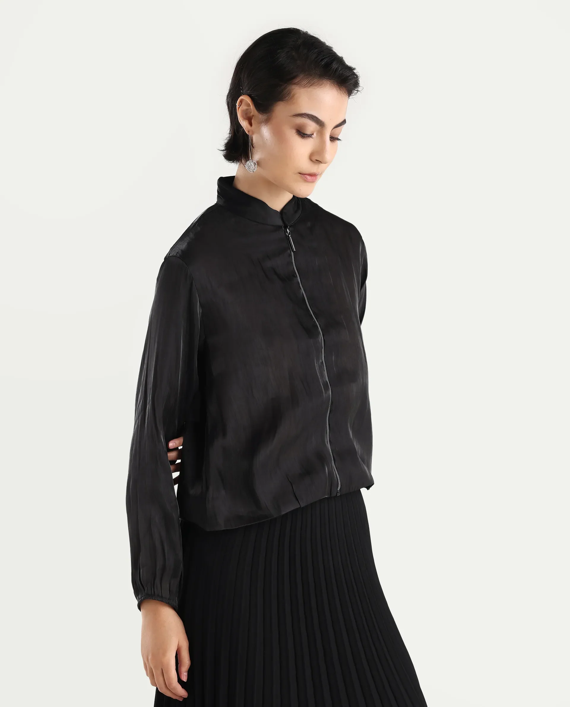 Rareism Women's Wals Black Mandarin Collar Plain Cuffed Sleeve Regular Fit Jacket - Image 7