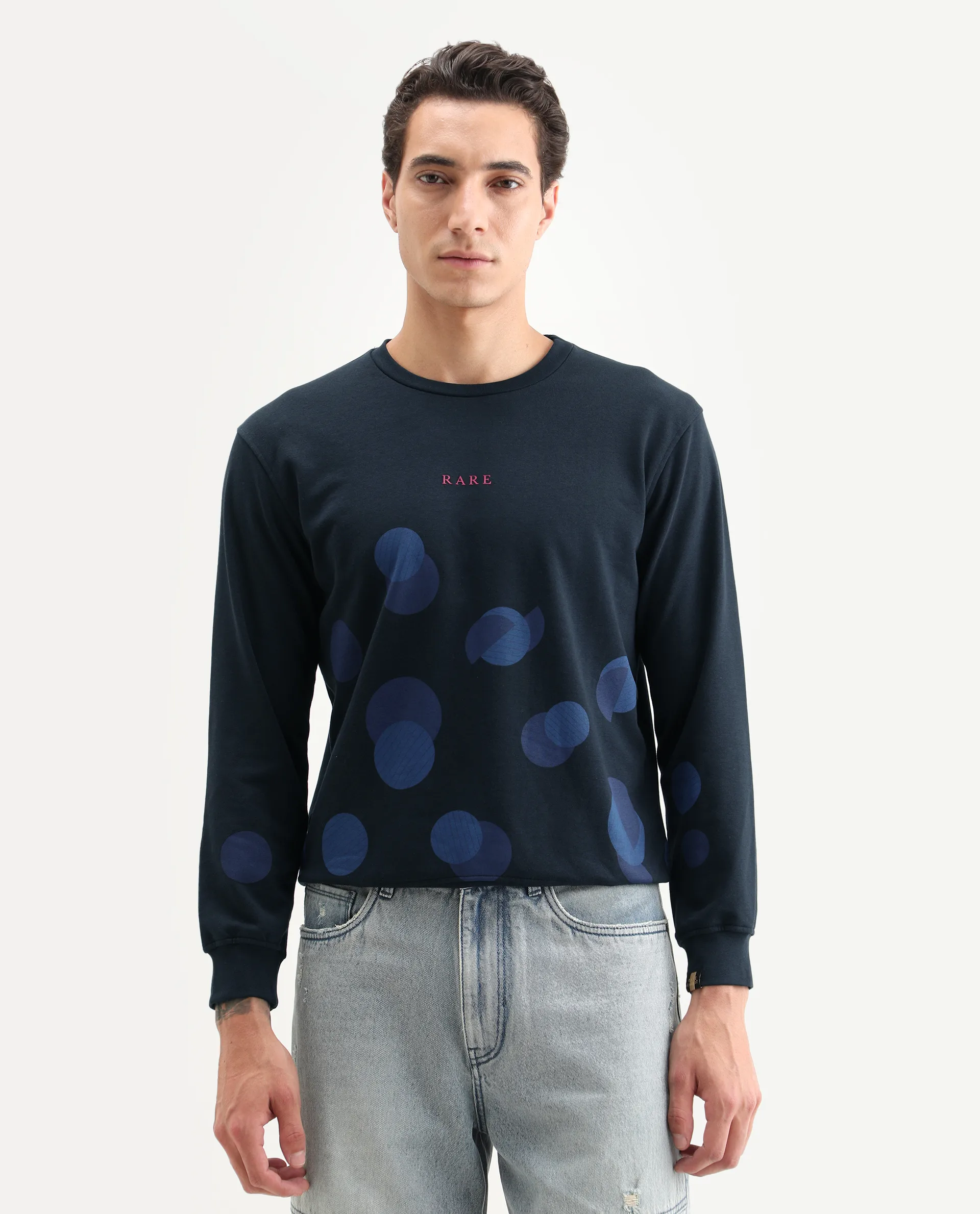 Rare Rabbit Men's Waltz Navy Cotton Graphic Print Regular Fit Full Sleeve Crew Neck Sweatshirt - Image 3