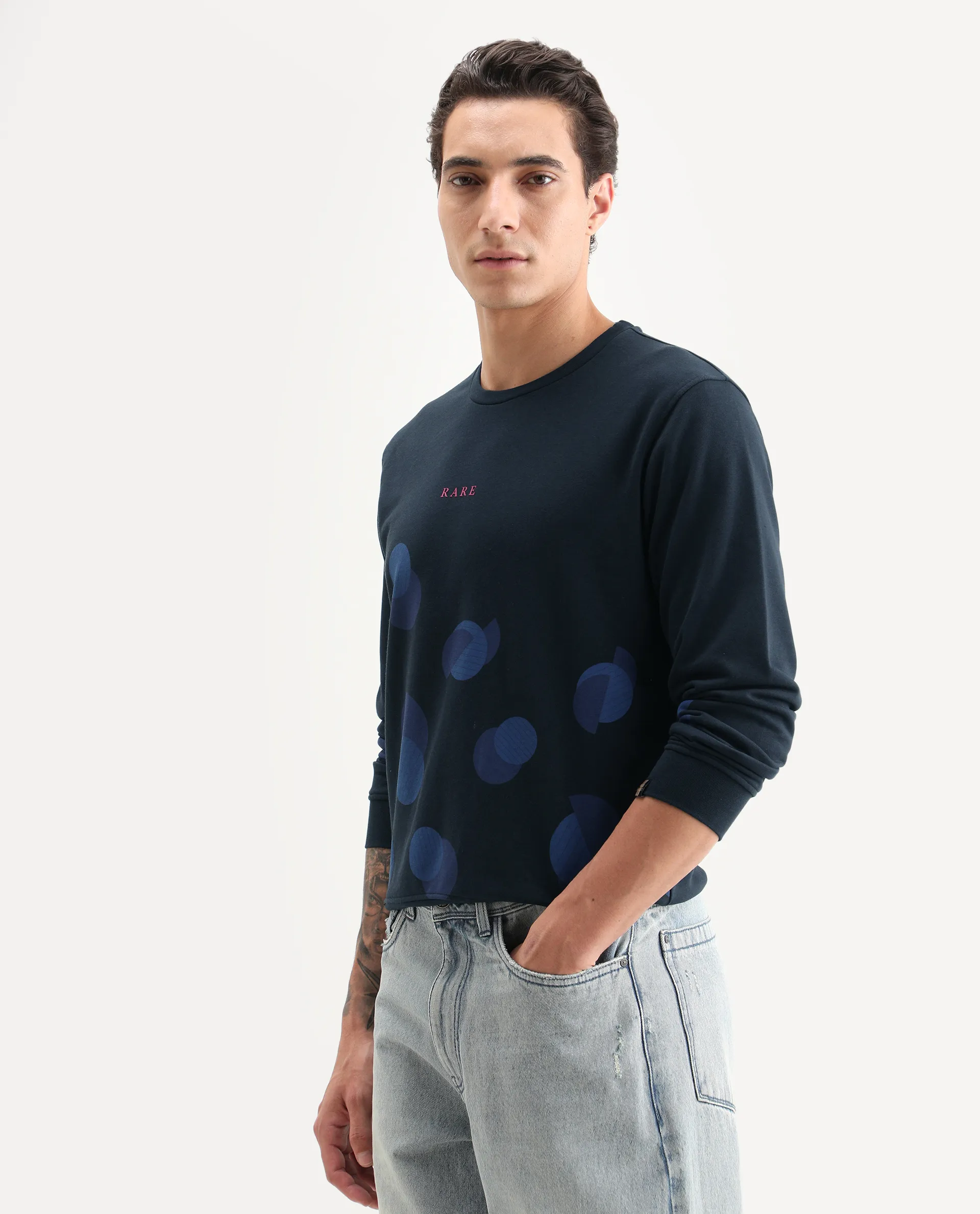 Rare Rabbit Men's Waltz Navy Cotton Graphic Print Regular Fit Full Sleeve Crew Neck Sweatshirt - Image 6