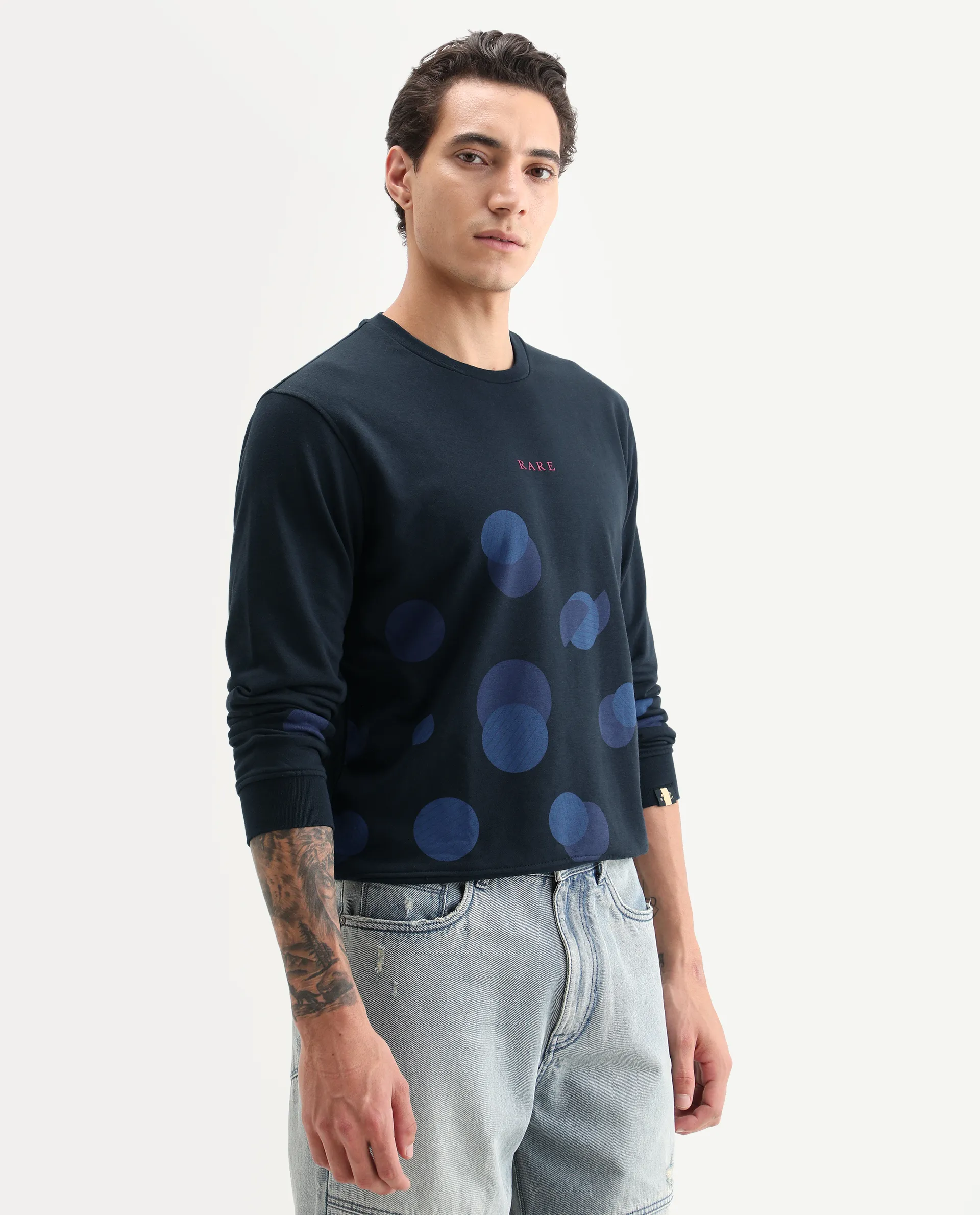 Rare Rabbit Men's Waltz Navy Cotton Graphic Print Regular Fit Full Sleeve Crew Neck Sweatshirt - Image 7