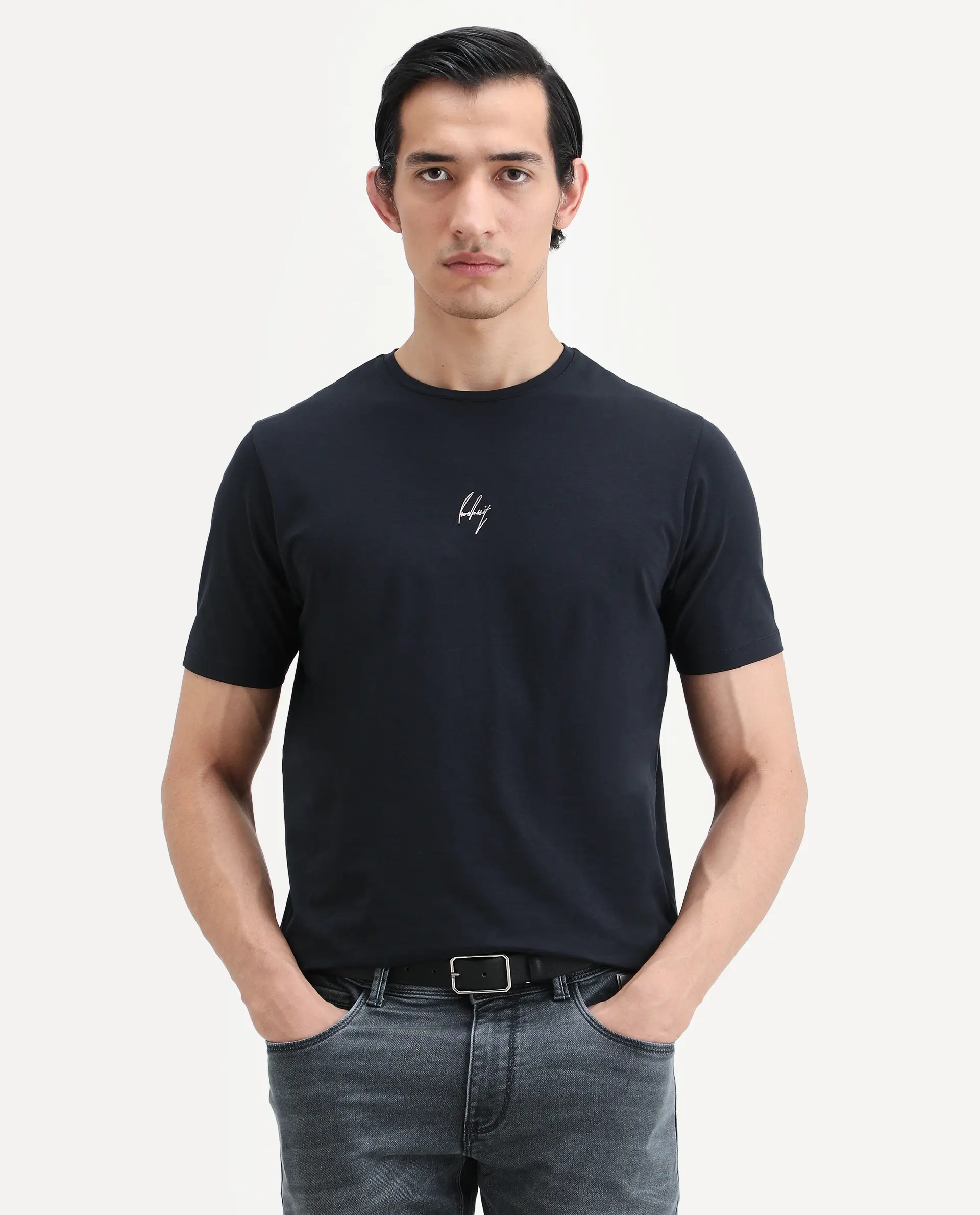 Rare Rabbit Men's Wan Navy Cotton Blend Fabric Half Sleeve Crew Neck Regular Fit Plain T-Shirt