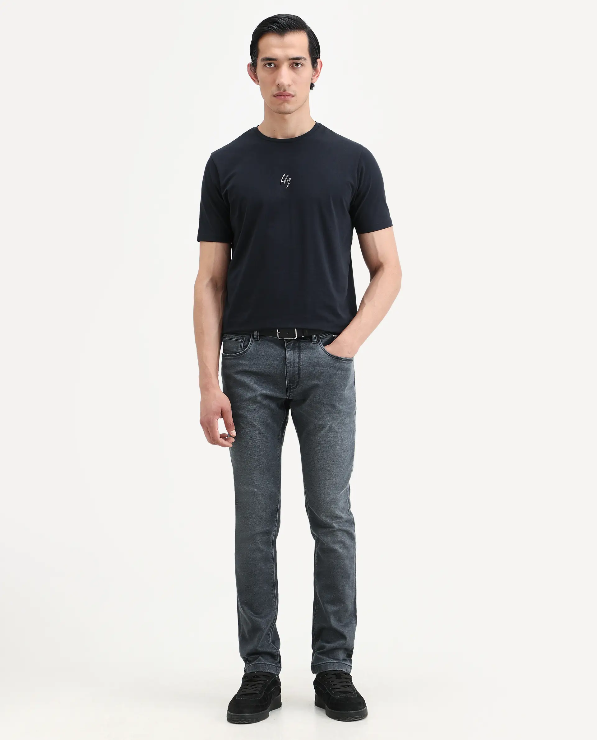 Rare Rabbit Men's Wan Navy Cotton Blend Fabric Half Sleeve Crew Neck Regular Fit Plain T-Shirt - Image 2