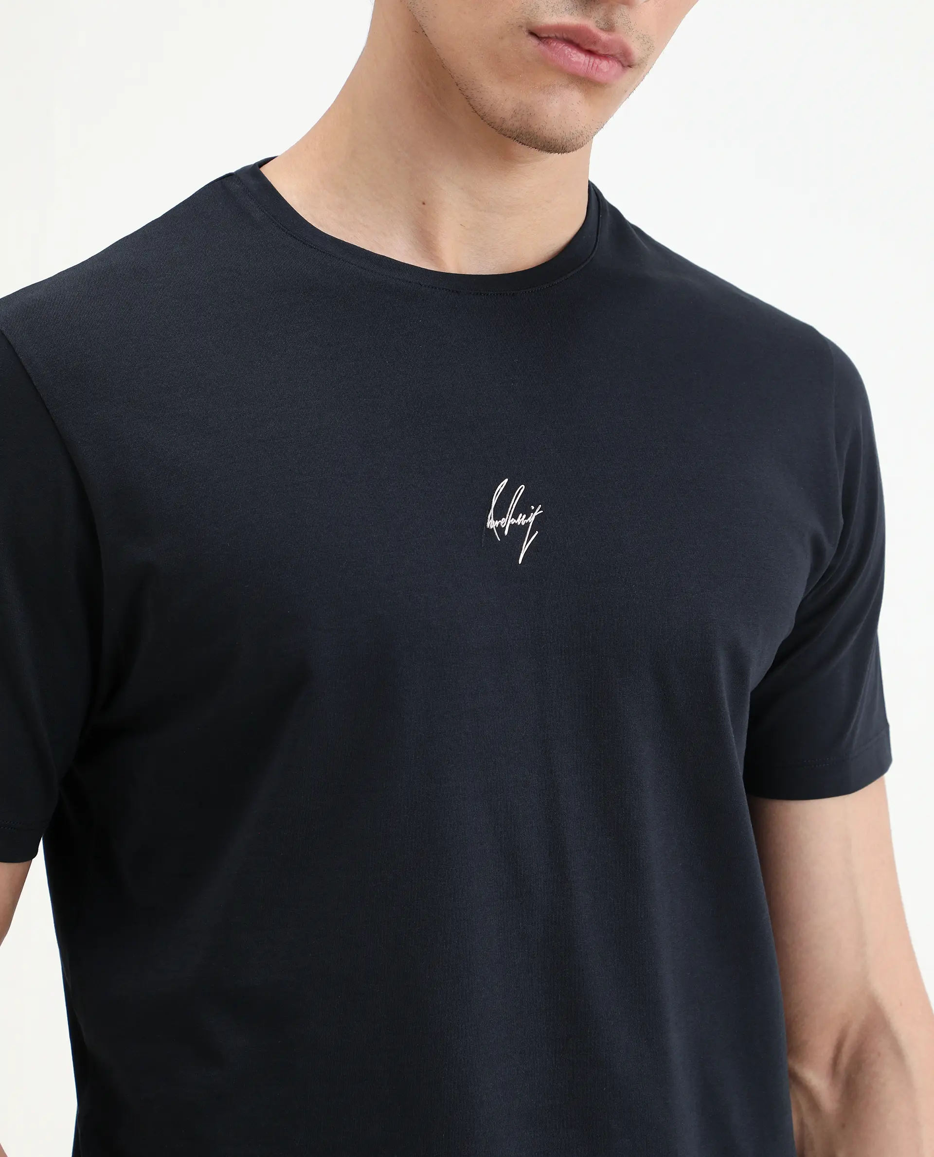 Rare Rabbit Men's Wan Navy Cotton Blend Fabric Half Sleeve Crew Neck Regular Fit Plain T-Shirt - Image 3