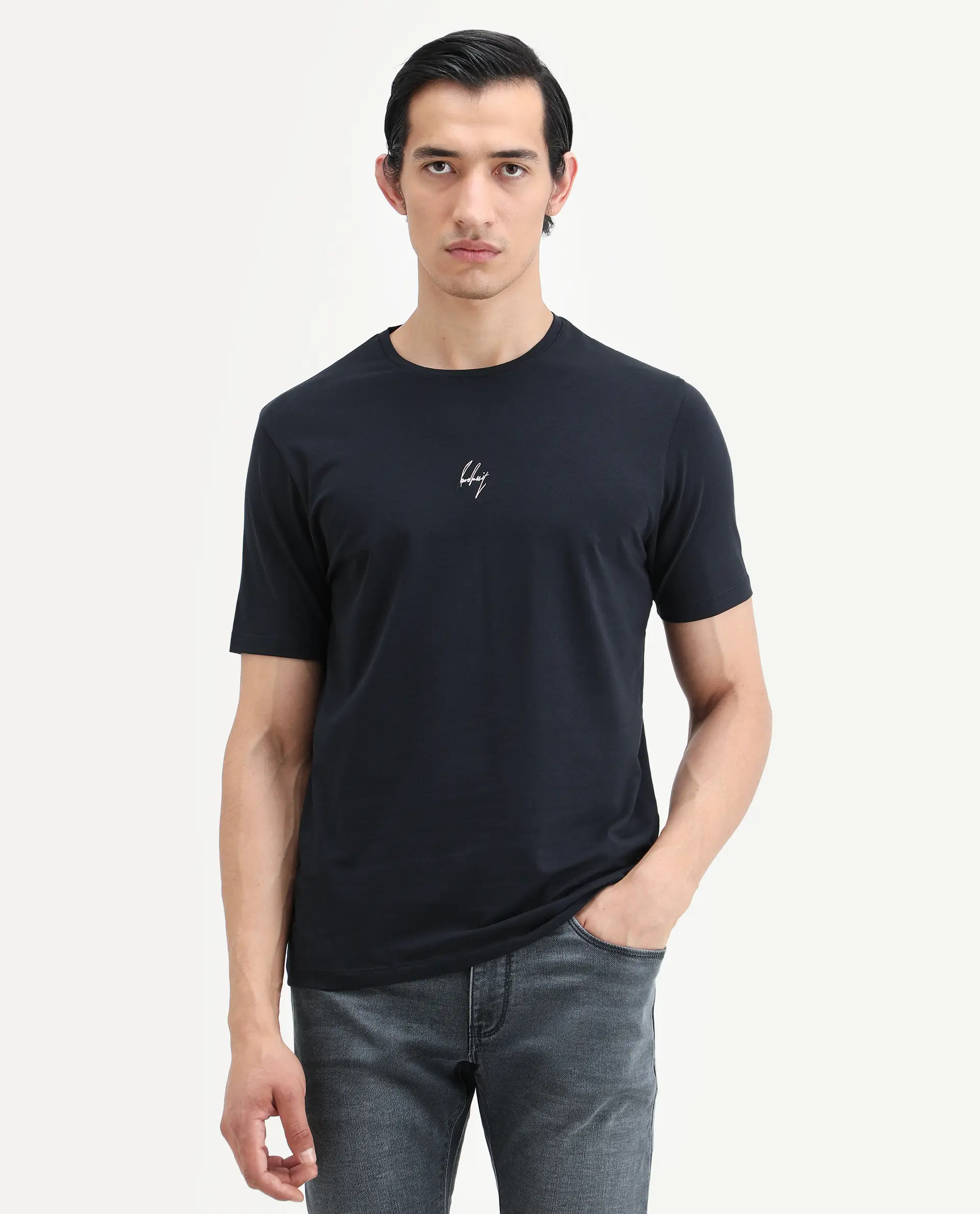 Rare Rabbit Men's Wan Navy Cotton Blend Fabric Half Sleeve Crew Neck Regular Fit Plain T-Shirt - Image 4