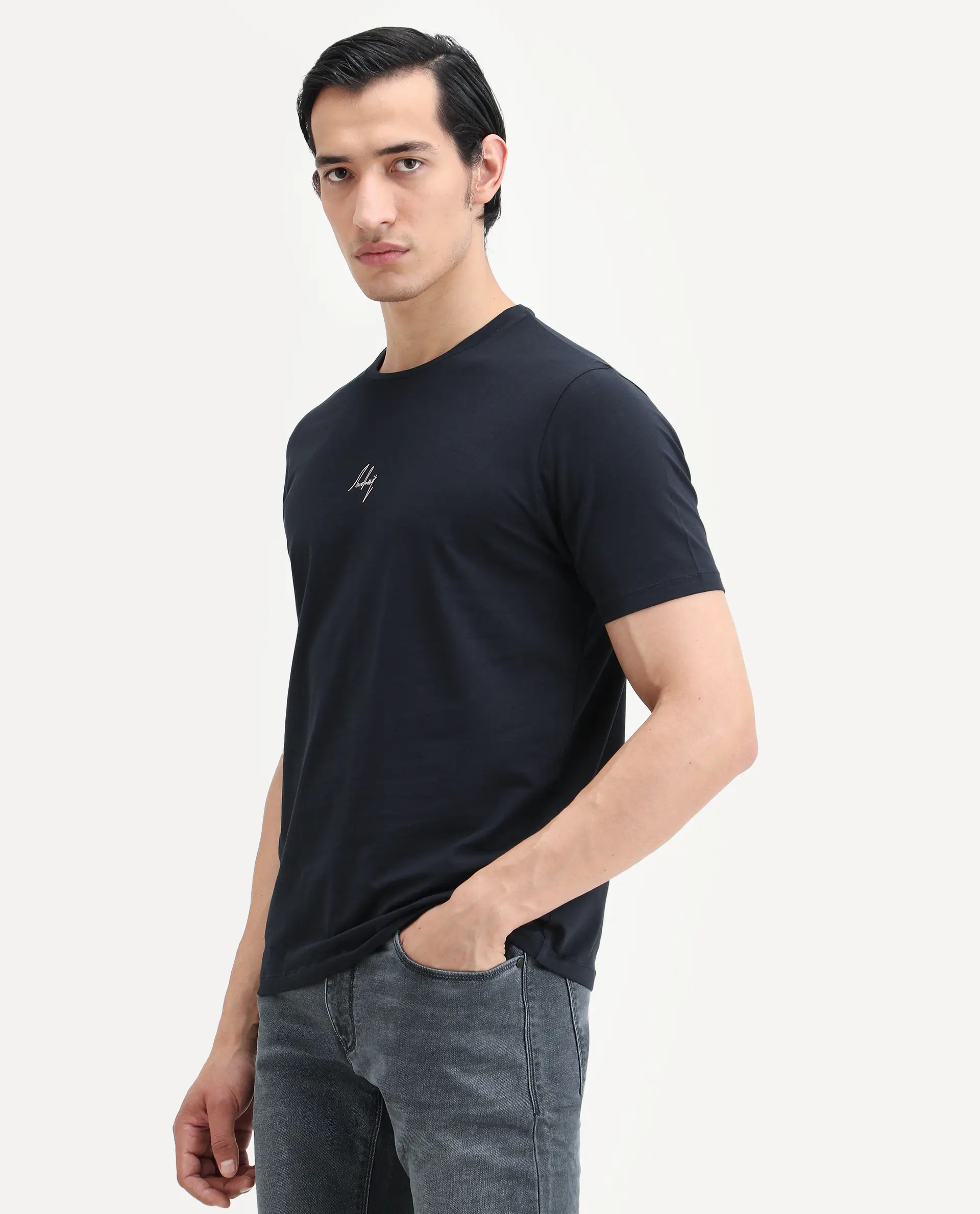 Rare Rabbit Men's Wan Navy Cotton Blend Fabric Half Sleeve Crew Neck Regular Fit Plain T-Shirt - Image 5