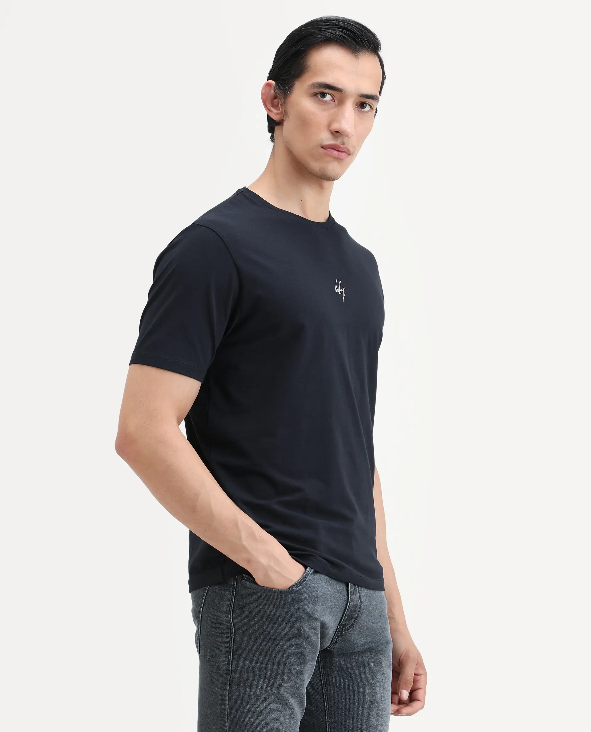 Rare Rabbit Men's Wan Navy Cotton Blend Fabric Half Sleeve Crew Neck Regular Fit Plain T-Shirt - Image 6