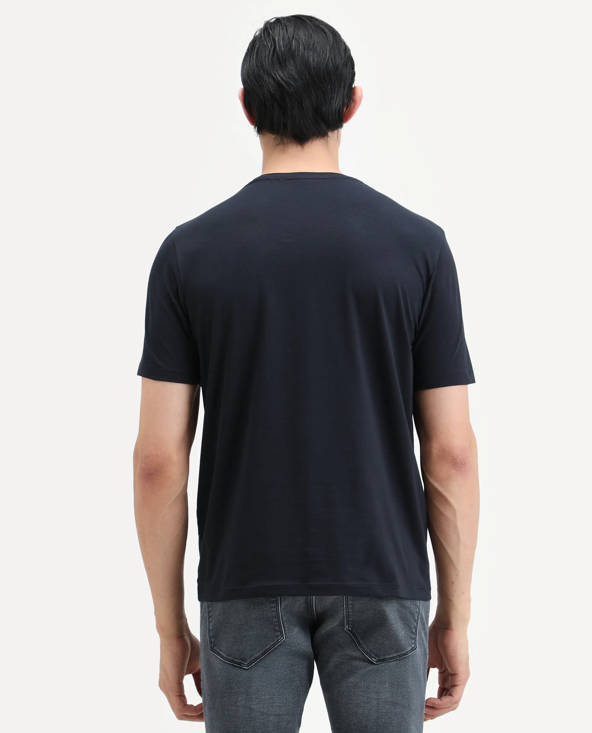 Rare Rabbit Men's Wan Navy Cotton Blend Fabric Half Sleeve Crew Neck Regular Fit Plain T-Shirt - Image 8
