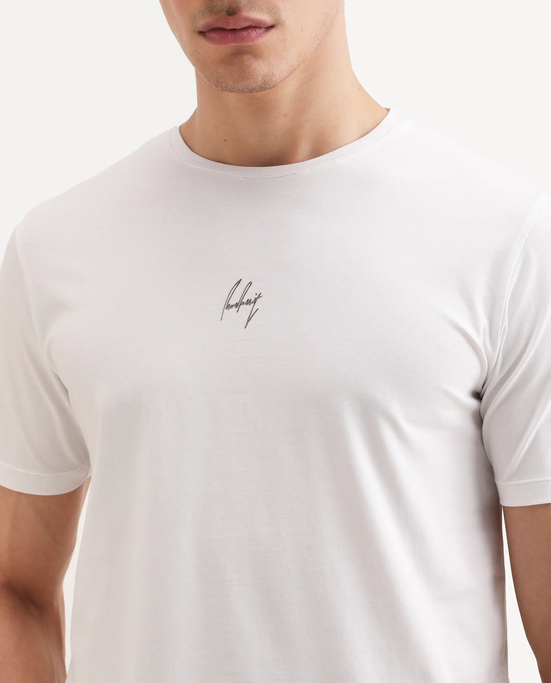 Rare Rabbit Men's Wan White Cotton Blend Fabric Half Sleeve Crew Neck Regular Fit Graphic Print T-Shirt - Image 3
