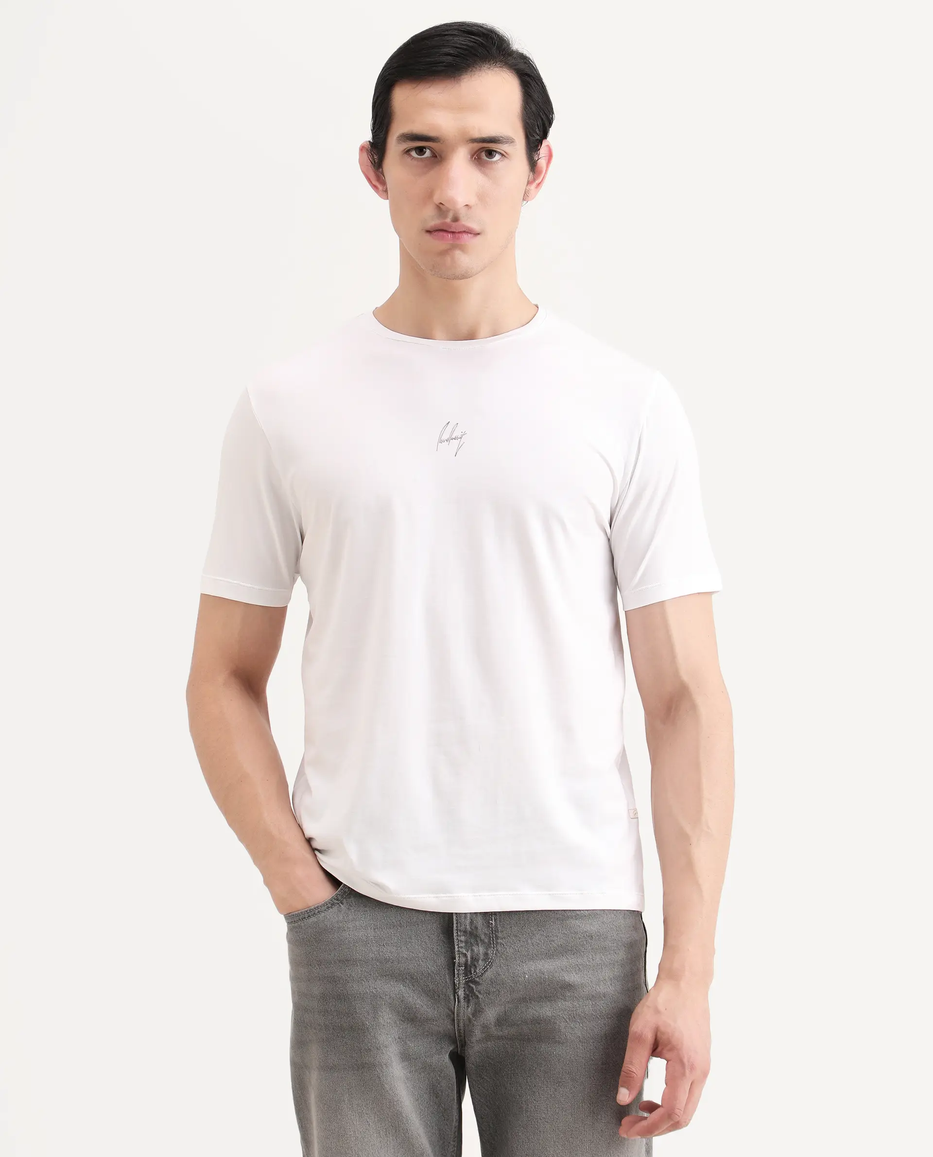Rare Rabbit Men's Wan White Cotton Blend Fabric Half Sleeve Crew Neck Regular Fit Graphic Print T-Shirt - Image 4