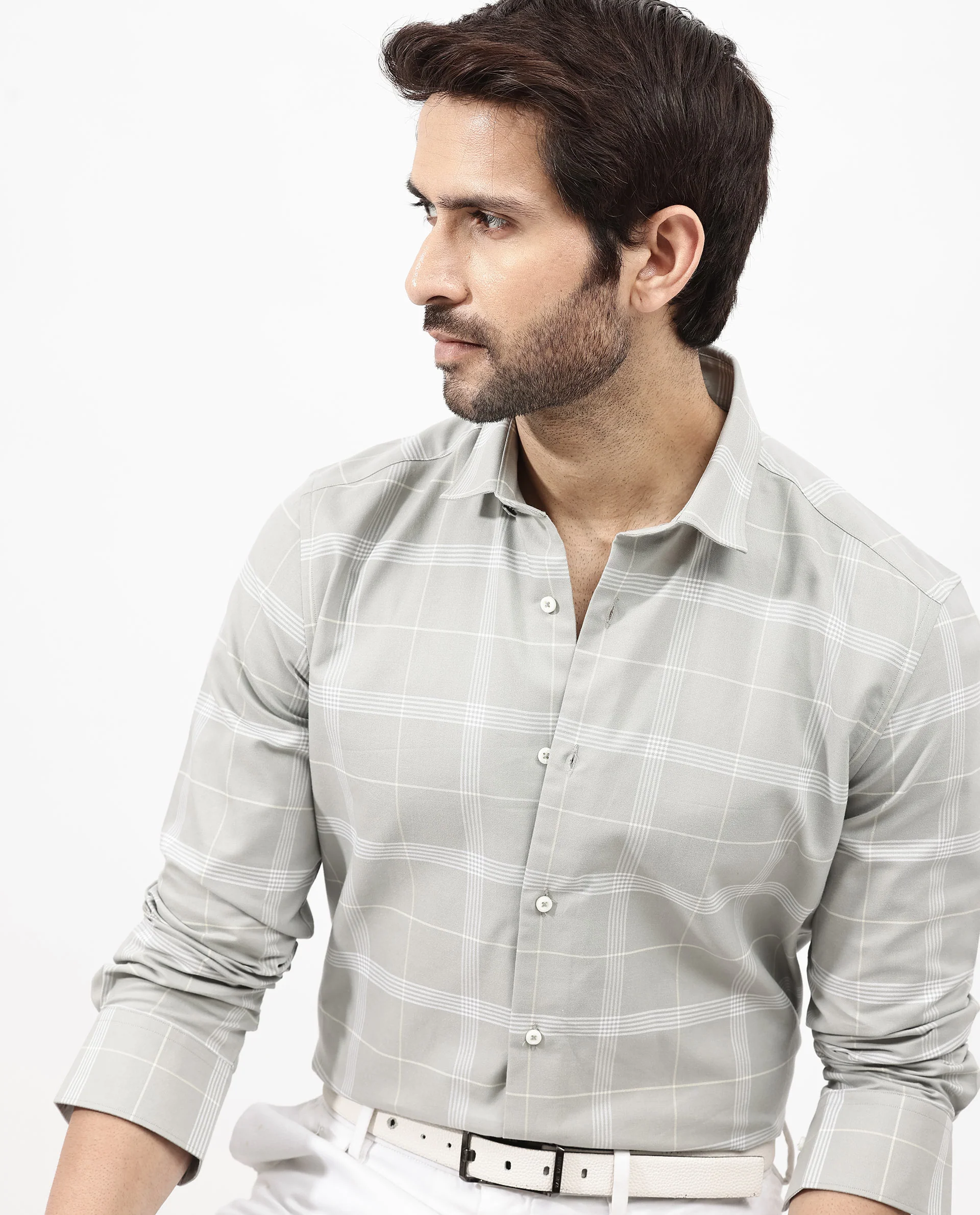 Rare Rabbit Men's Wando Grey Cotton Checked Print Regular Fit Full Sleeve Collared Shirt