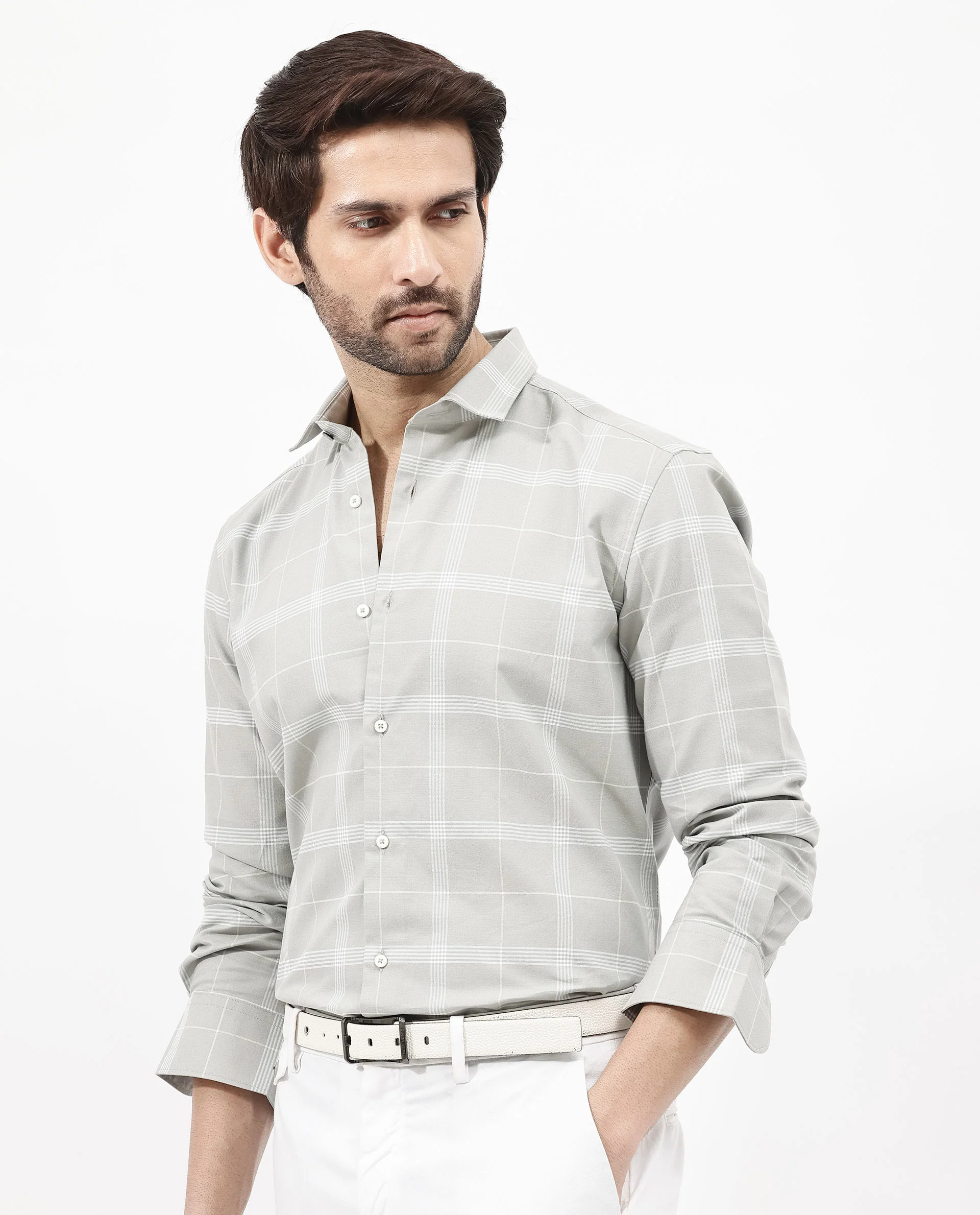 Rare Rabbit Men's Wando Grey Cotton Checked Print Regular Fit Full Sleeve Collared Shirt - Image 3