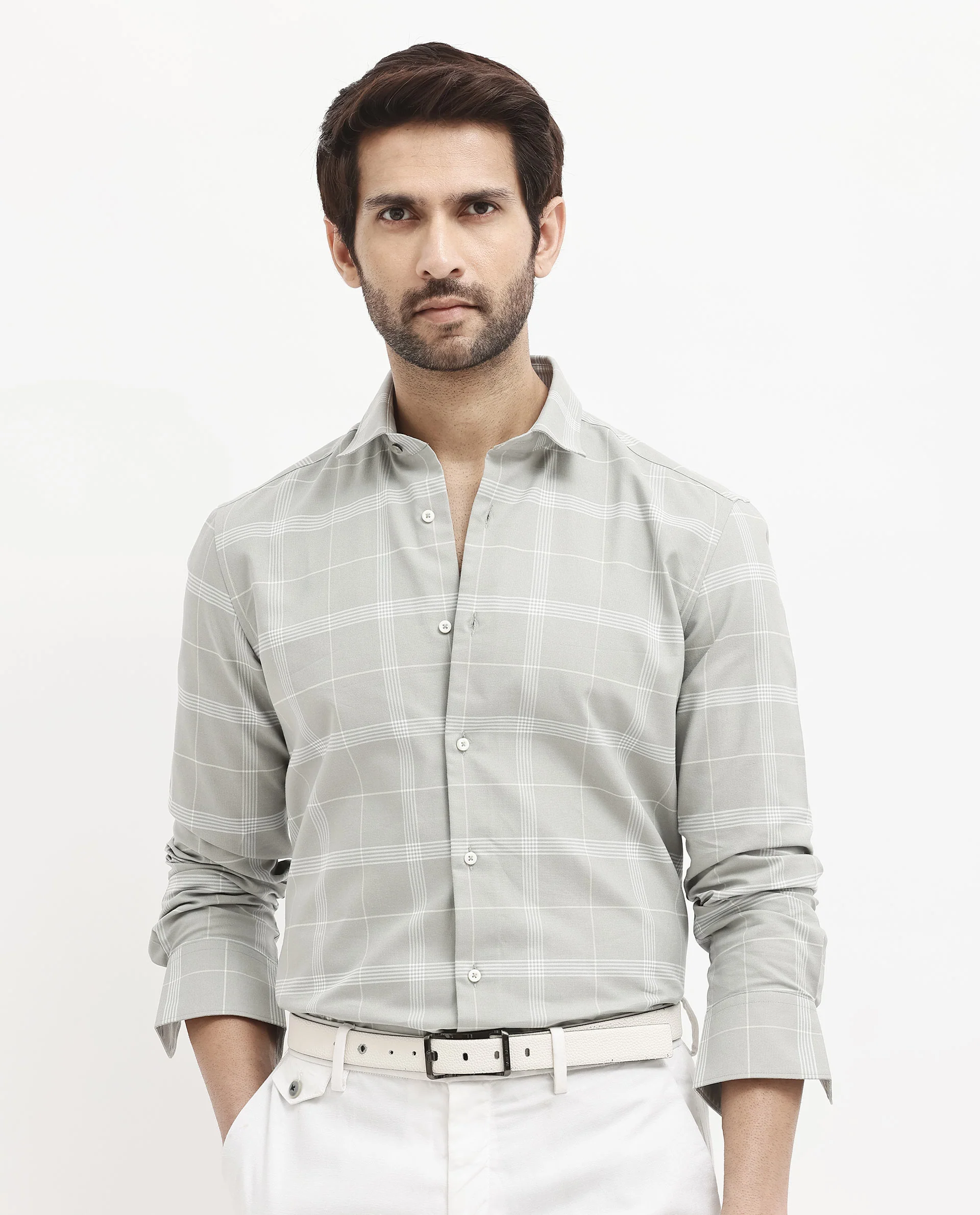 Rare Rabbit Men's Wando Grey Cotton Checked Print Regular Fit Full Sleeve Collared Shirt - Image 8